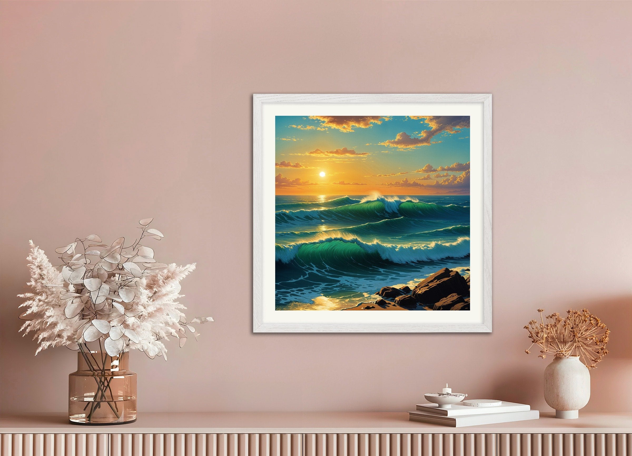 Poster of Ocean Art Print, with white wooden frame