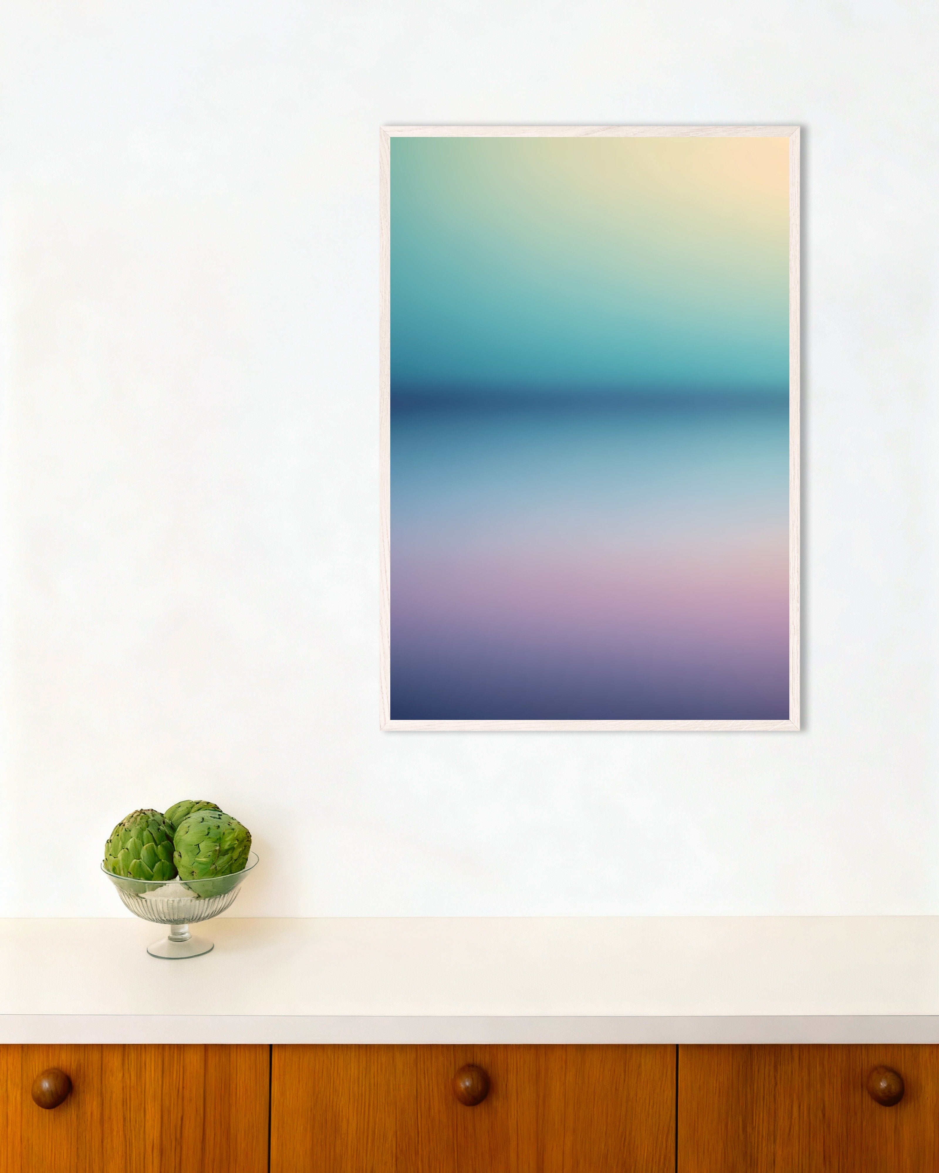 Poster of Ocean Haze Gradient Poster - Blue to Purple, with white wooden frame
