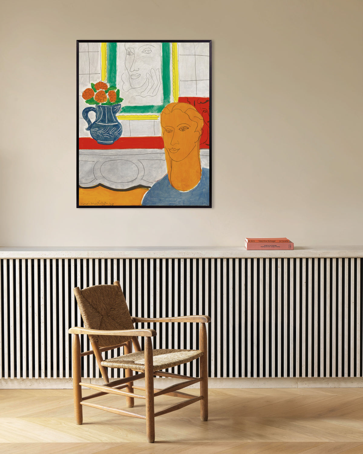 Poster av Okergult hode (Figur og bukett) (1937) av Henri Matisse, med metallramme