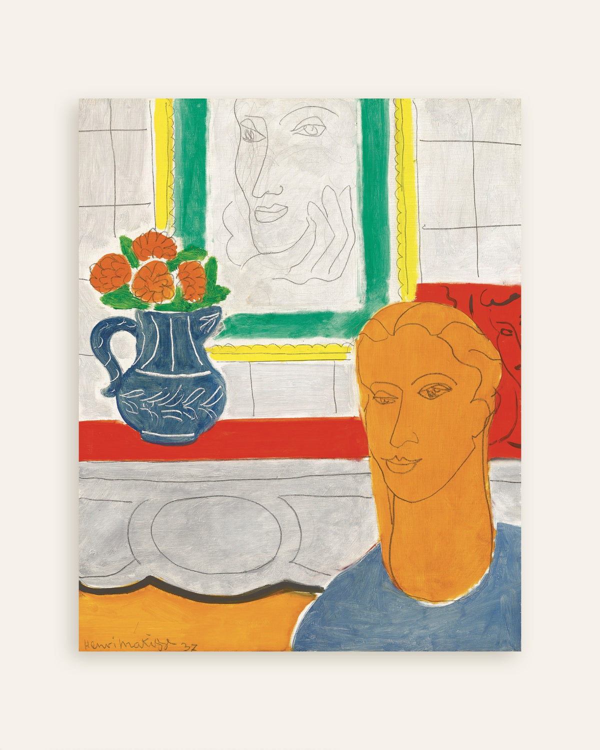Poster av Okergult hode (Figur og bukett) (1937) av Henri Matisse, miniatyr