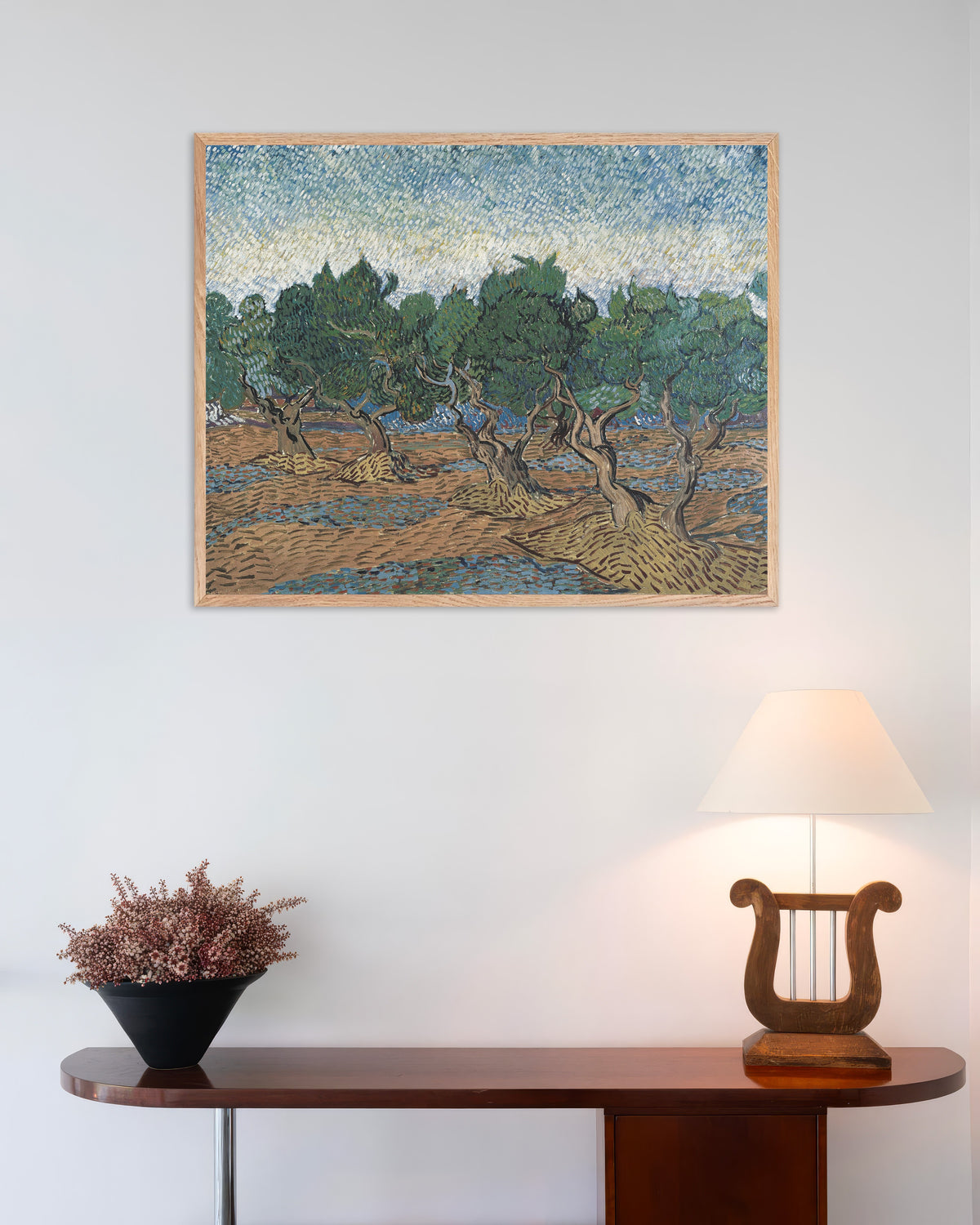 Poster av Olivengård (1889) av Vincent van Gogh, med ramme i naturlig tre