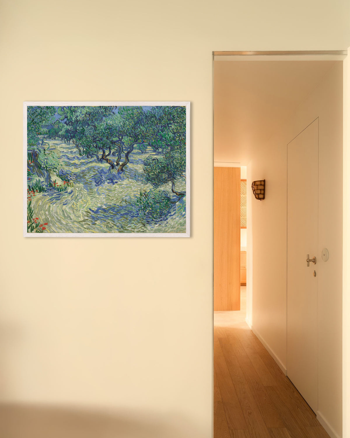 Poster av Olivengård (1889) av Vincent van Gogh, med hvit treramme
