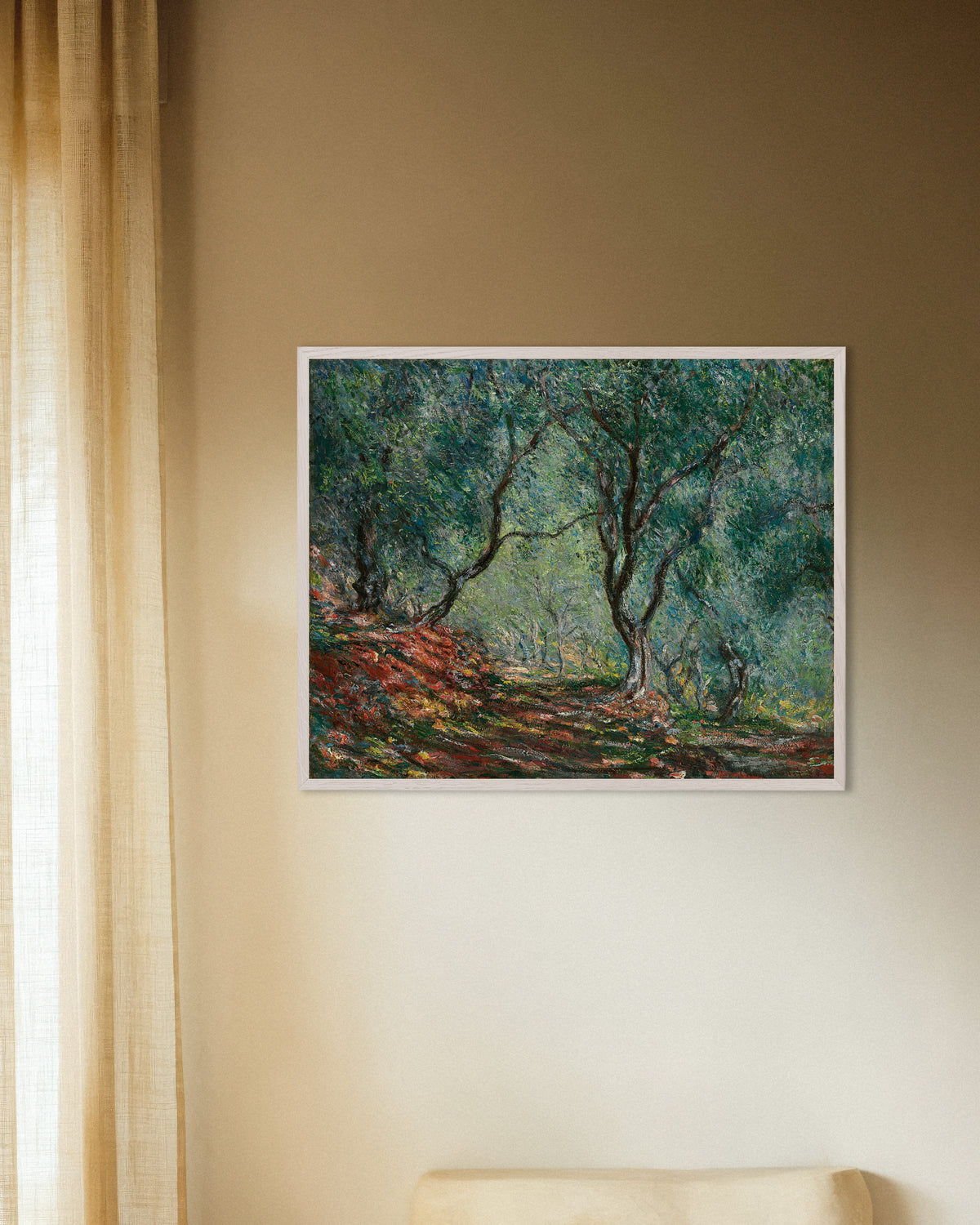 Poster of Olive Trees in the Moreno Garden (1884) by Claude Monet, with white wooden frame