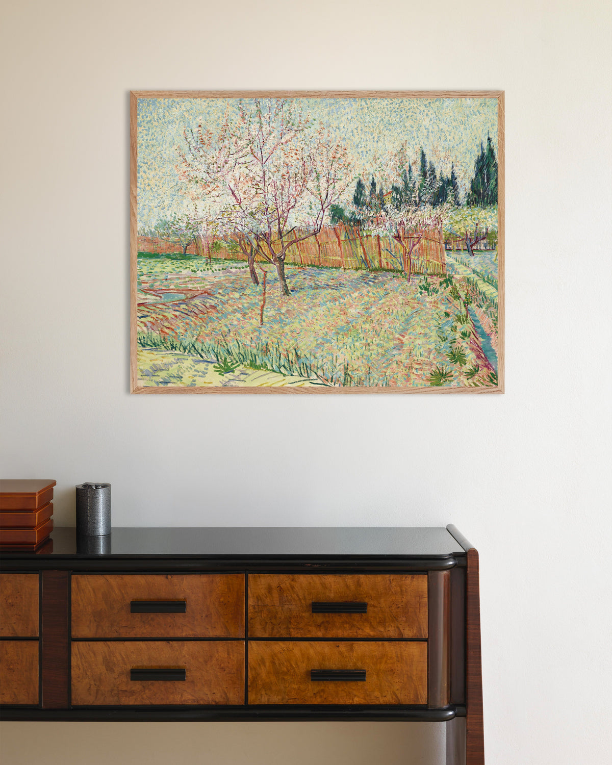 Poster of Orchard Bordered by Cypresses (1888) by Vincent van Gogh, with natural wooden frame