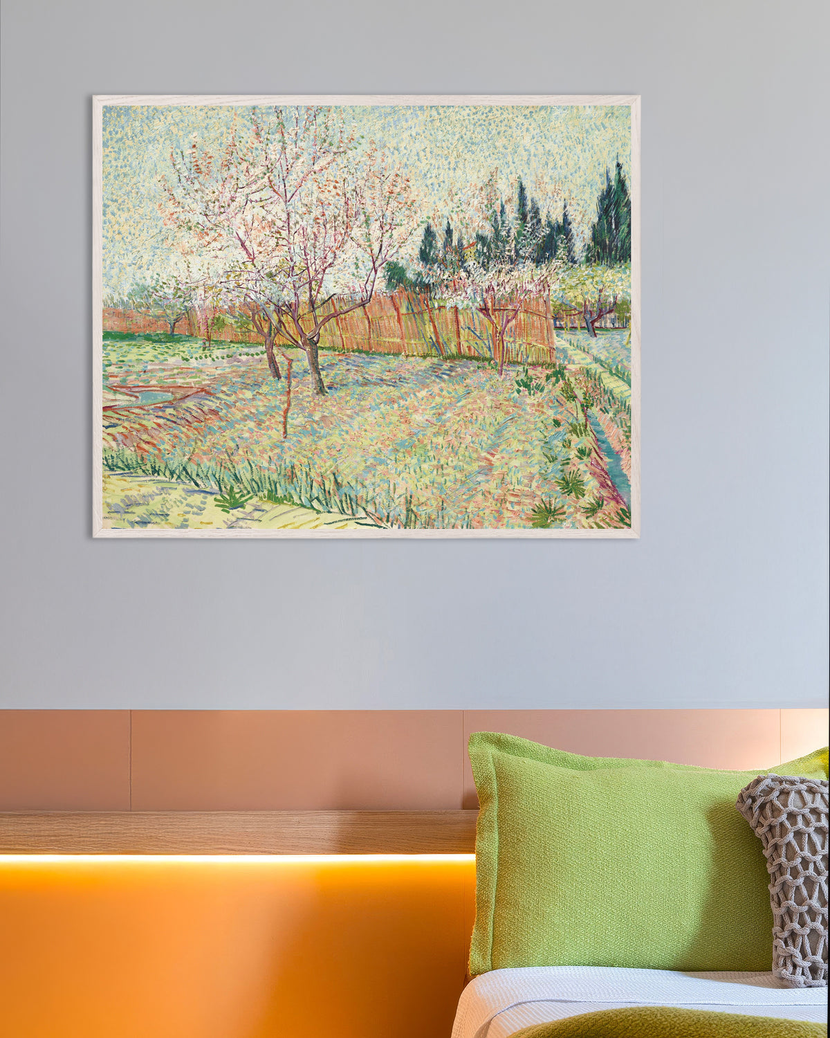 Poster of Orchard Bordered by Cypresses (1888) by Vincent van Gogh, with white wooden frame