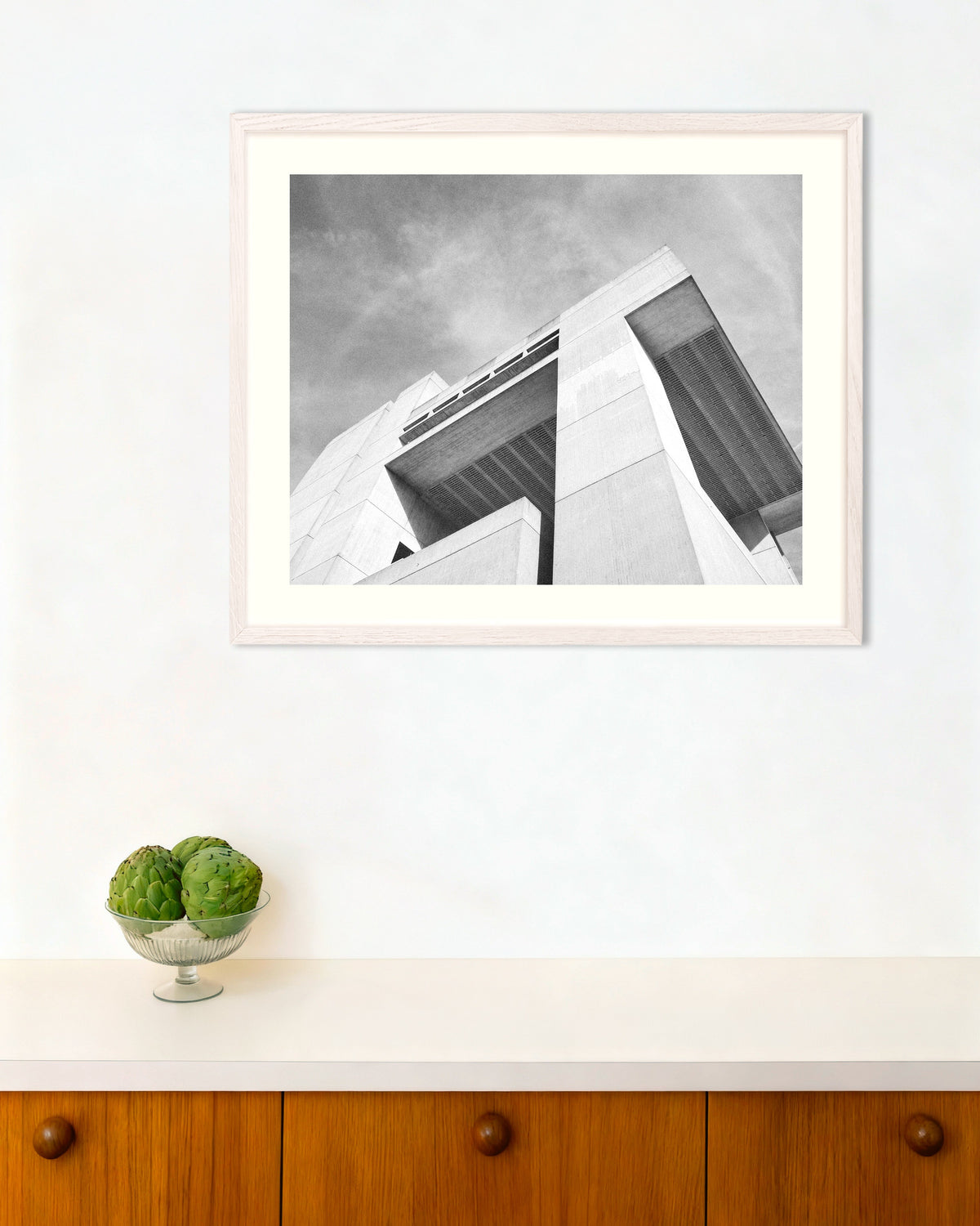 Poster of Overhanging Block and Louvers, with white wooden frame