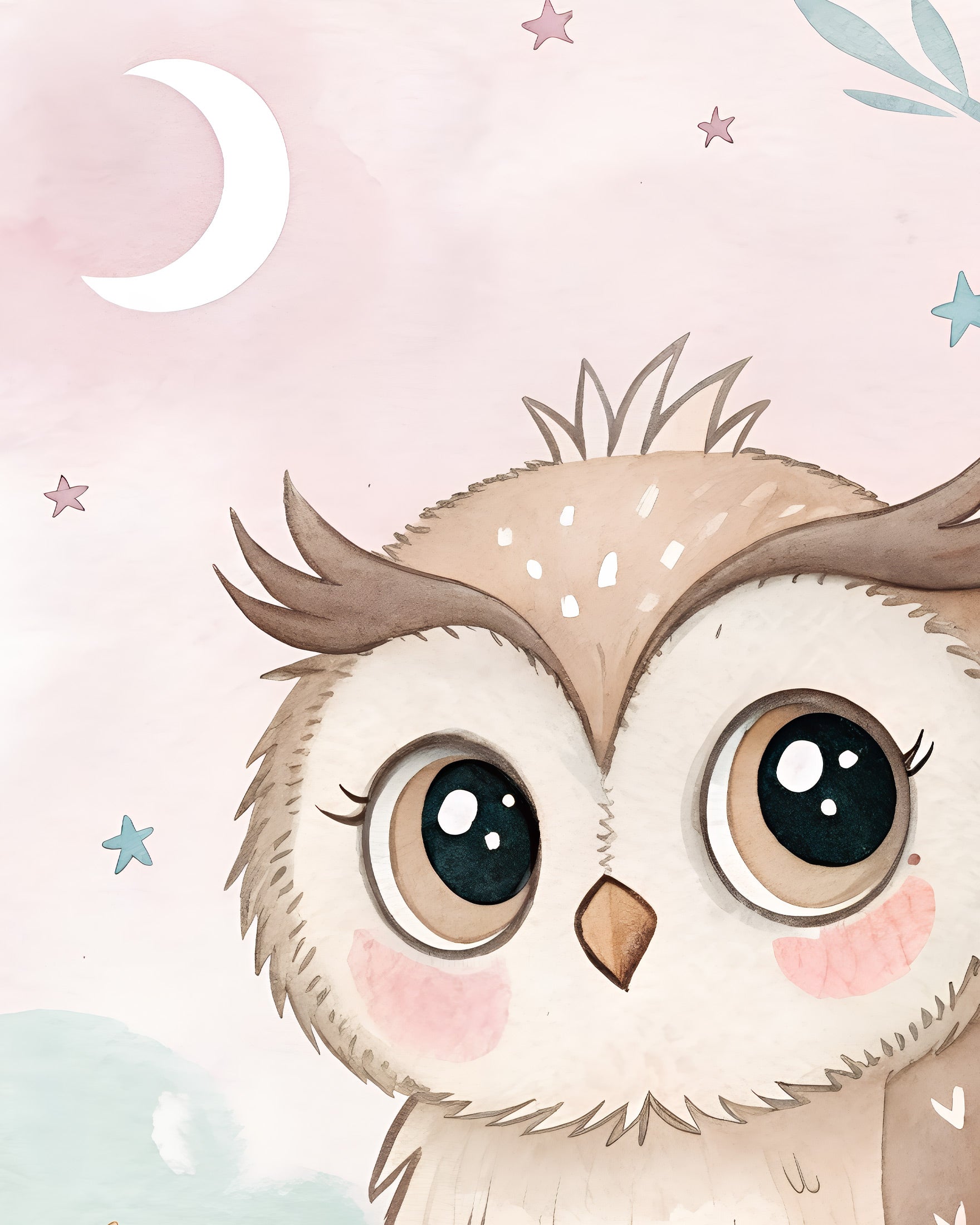 Cartoon owl with large eyes on a pastel background with stars and a moon.