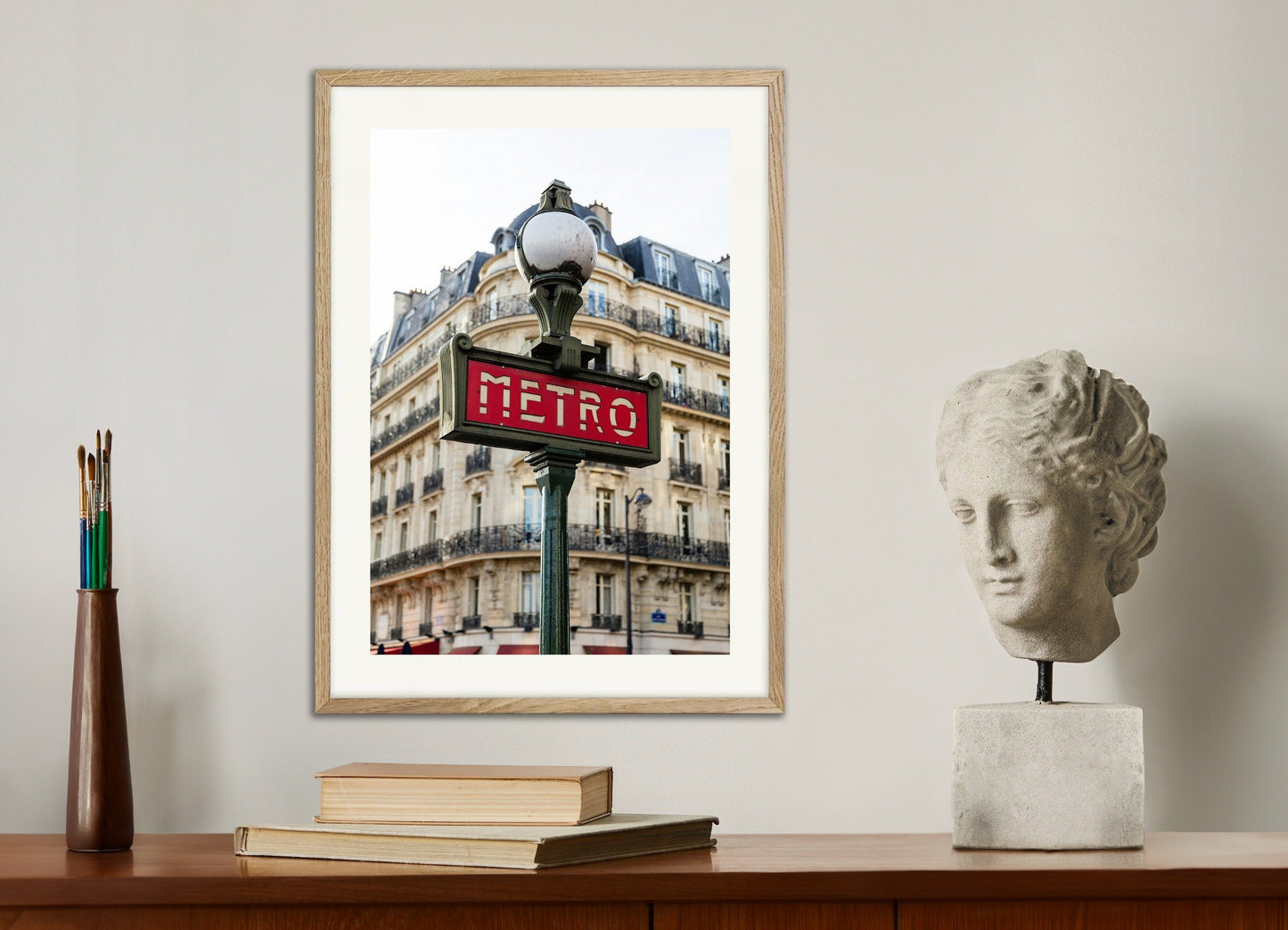 Poster of Paris Metro sign, Hector Guimard, with natural wooden frame