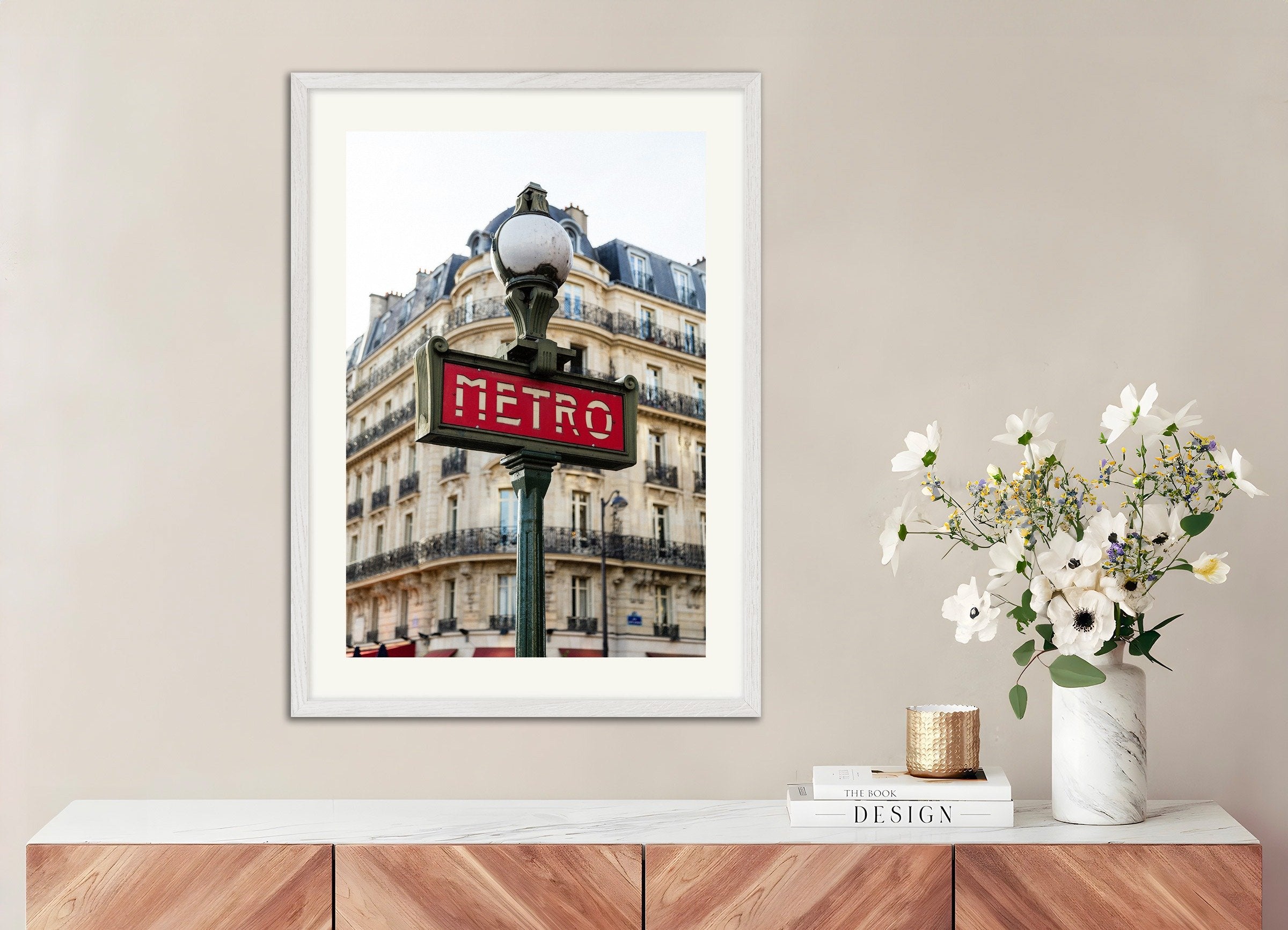 Poster of Paris Metro sign, Hector Guimard, with white wooden frame