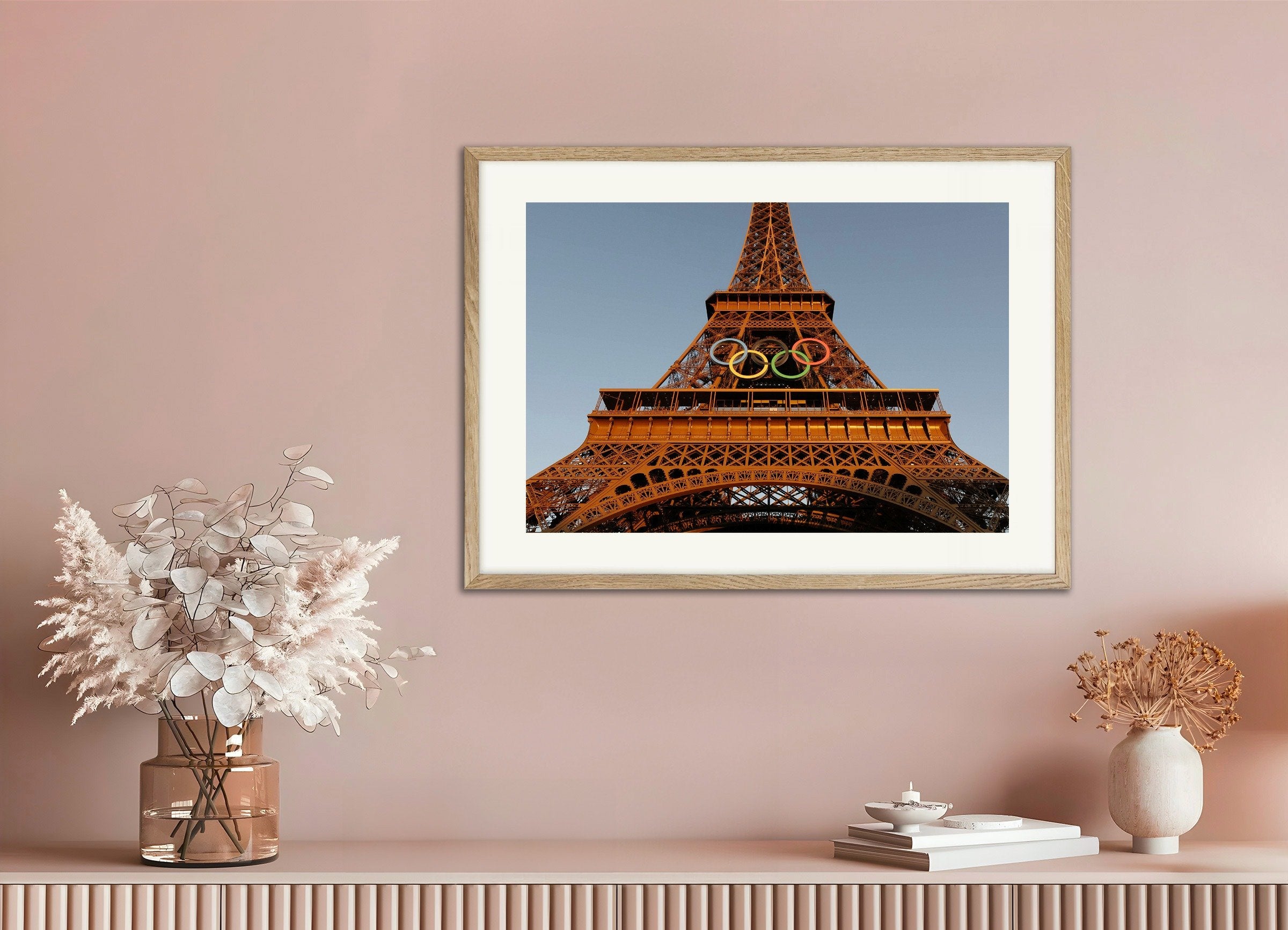 Poster of Paris olympics 2024, Eiffel Tower, with natural wooden frame