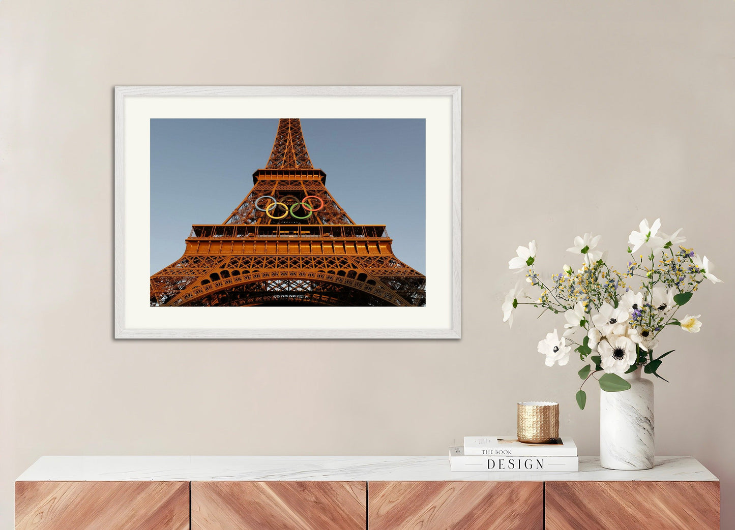 Poster of Paris olympics 2024, Eiffel Tower, with white wooden frame