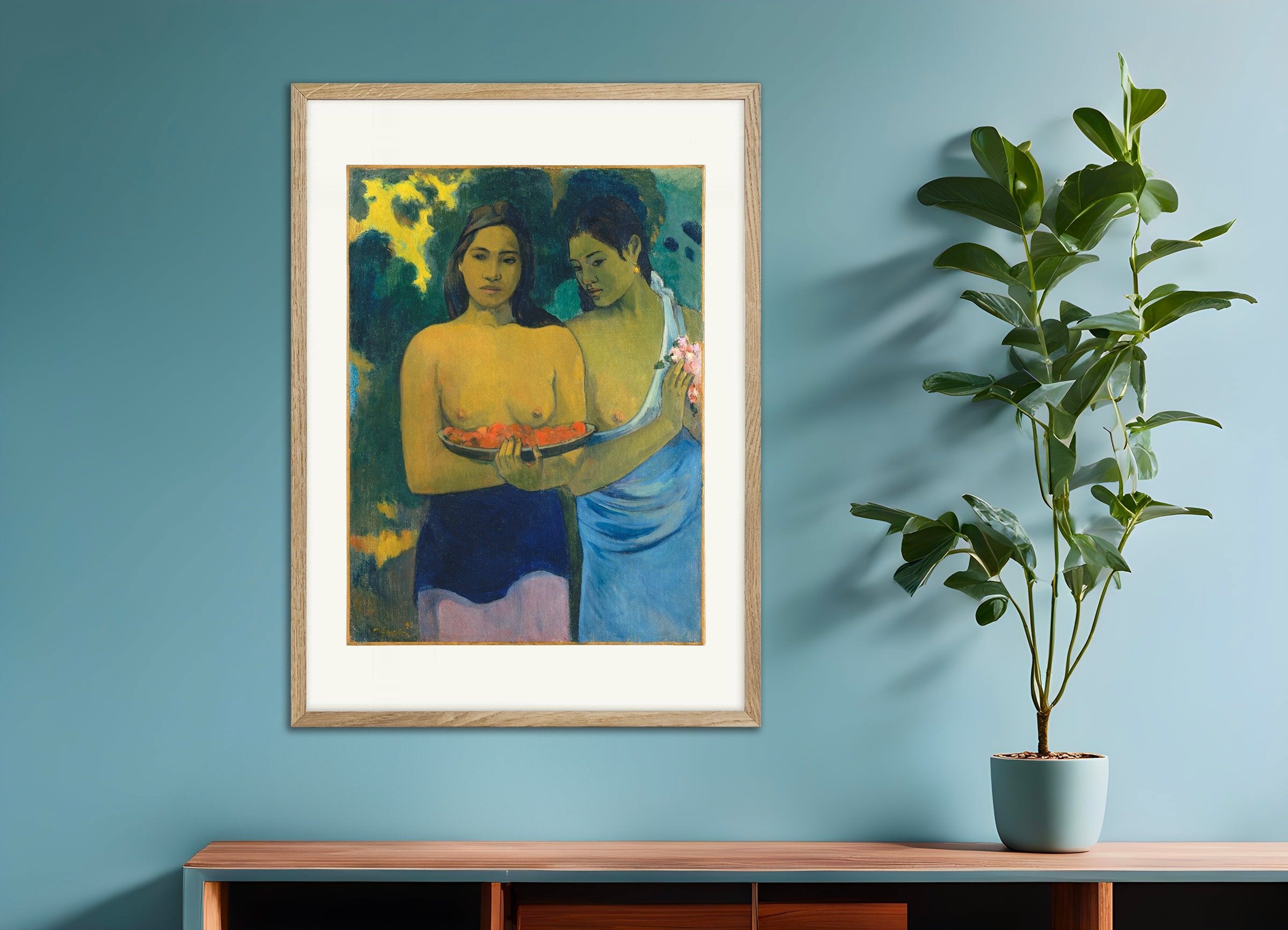 Poster of Paul Gauguin, Breasts with Red Flowers - Art Print, with natural wooden frame