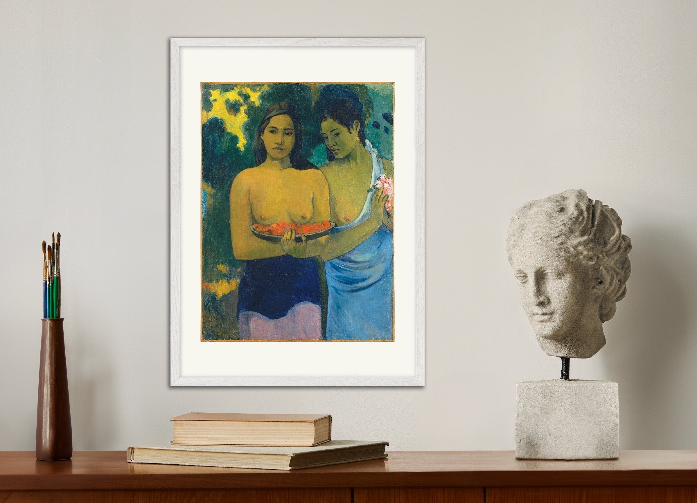 Poster of Paul Gauguin, Breasts with Red Flowers - Art Print, with white wooden frame