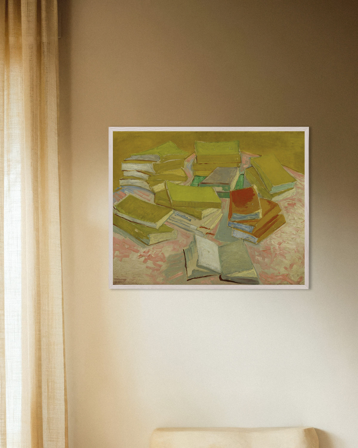 Poster av Bunker av franske romaner (1887) av Vincent van Gogh, med hvit treramme