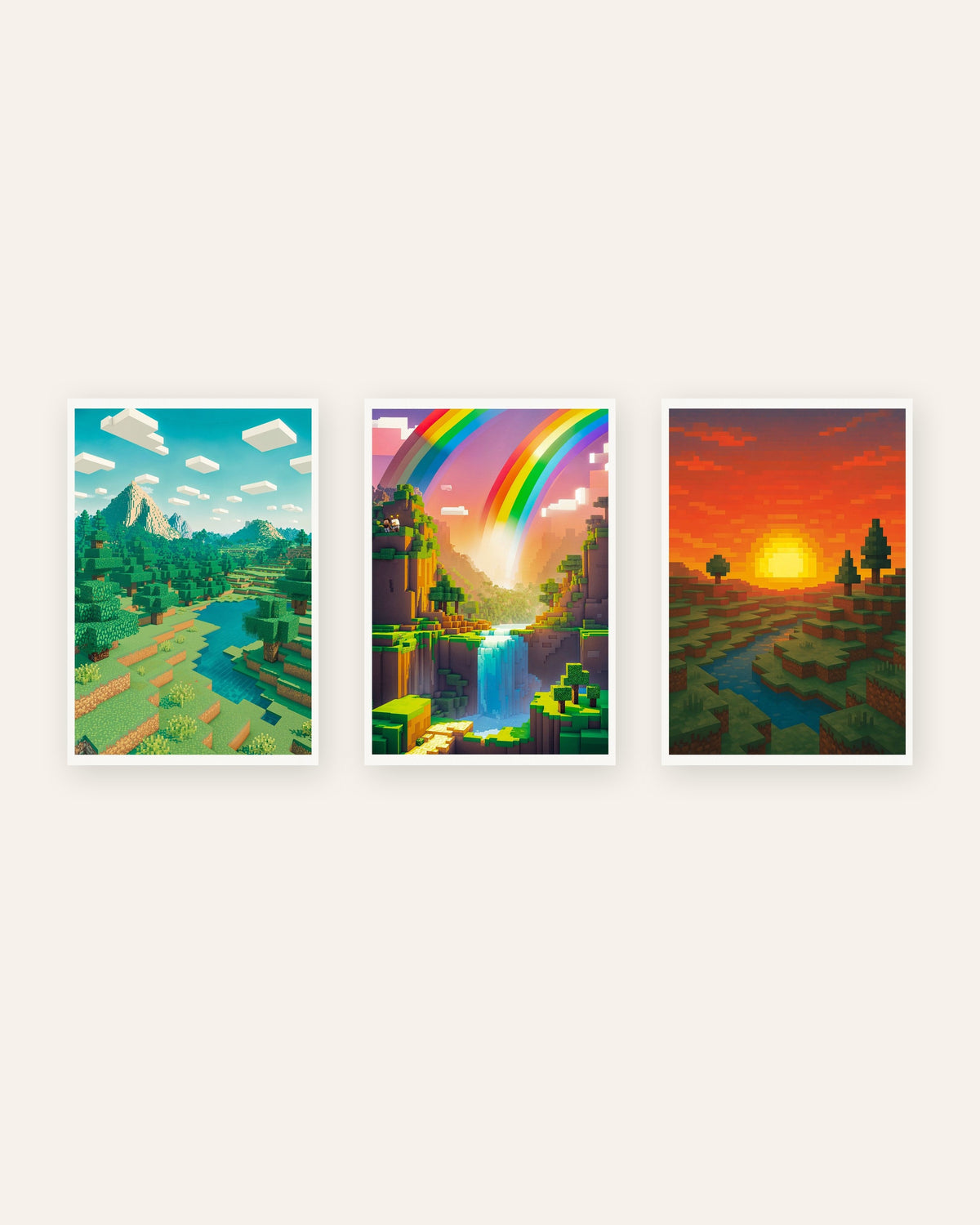 Pixel art-landskapspostere, sett med 3: fjell, regnbuedal og solnedgang, uten ramme