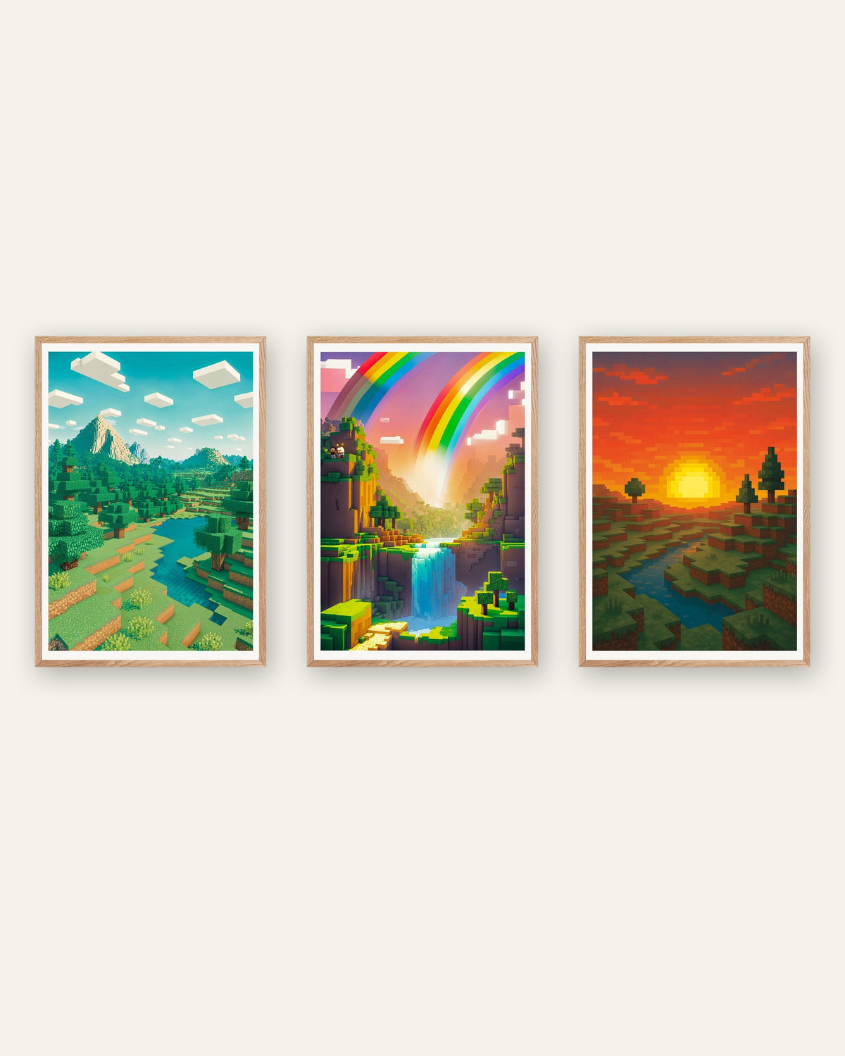 Pixel art-landskapspostere, sett med 3: fjell, regnbuedal og solnedgang, i rammer av natureik