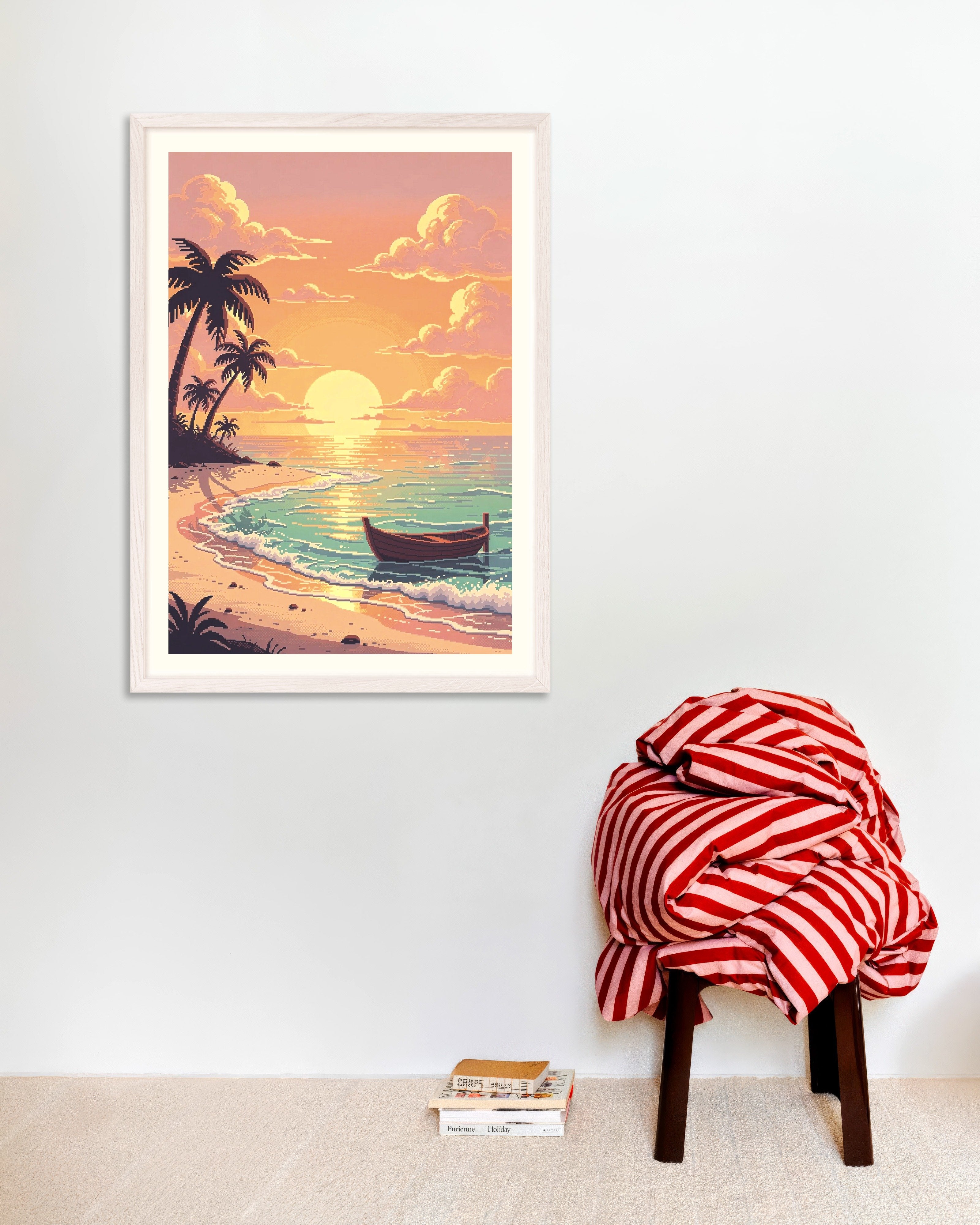 Pixel Art Beach Sunset Boat Poster | Posterscape