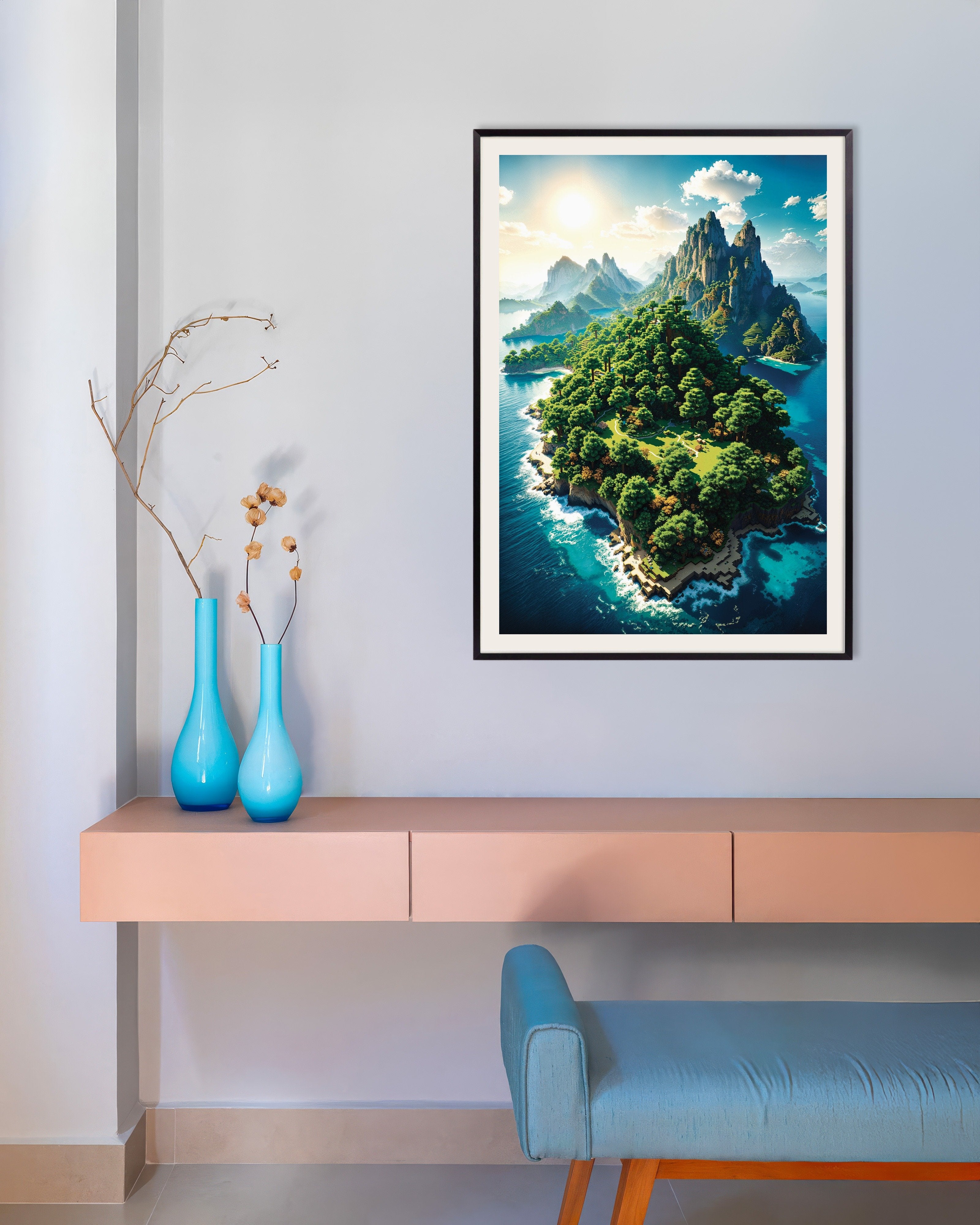 Poster of Pixel Island – Fantasy Landscape Poster, with metal frame