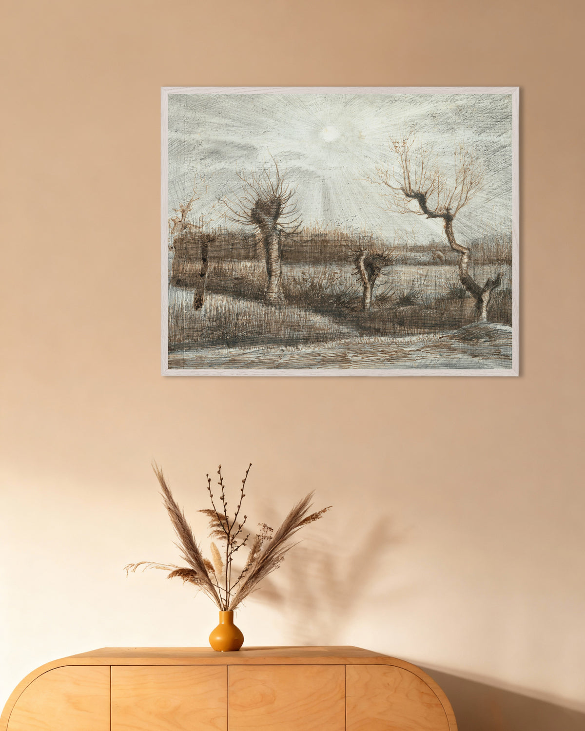 Poster of Pollard Willows (1884) by Vincent van Gogh, with white wooden frame