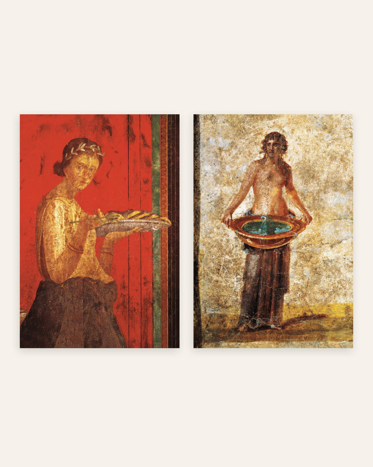 Freskopostere fra Pompeii, sett med 2: laurbærkrans og vannfat, uten ramme