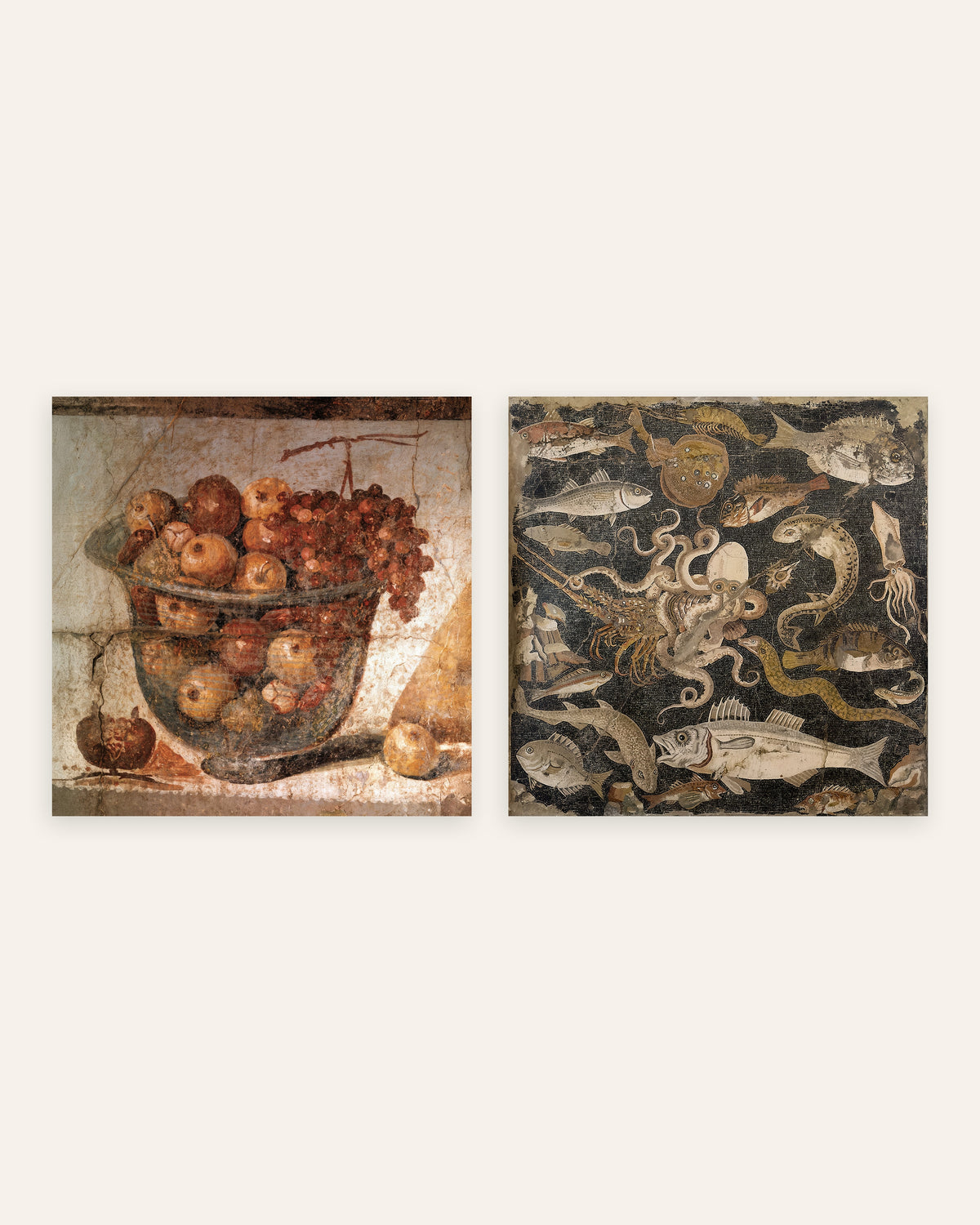 Pompeii Kitchen Prints Set of 2 – Fruit Bowl Fresco & Fish Mosaic, prints without frame