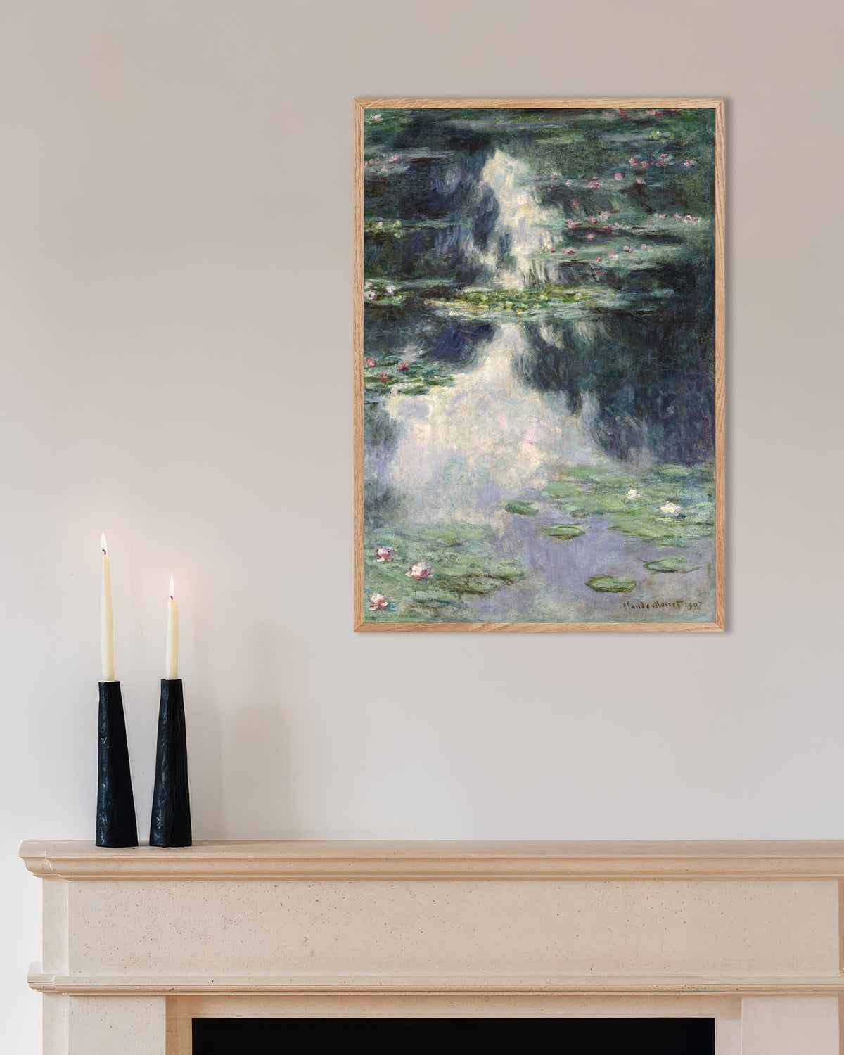Poster of Pond with Water Lilies (1907) by Claude Monet, with natural wooden frame
