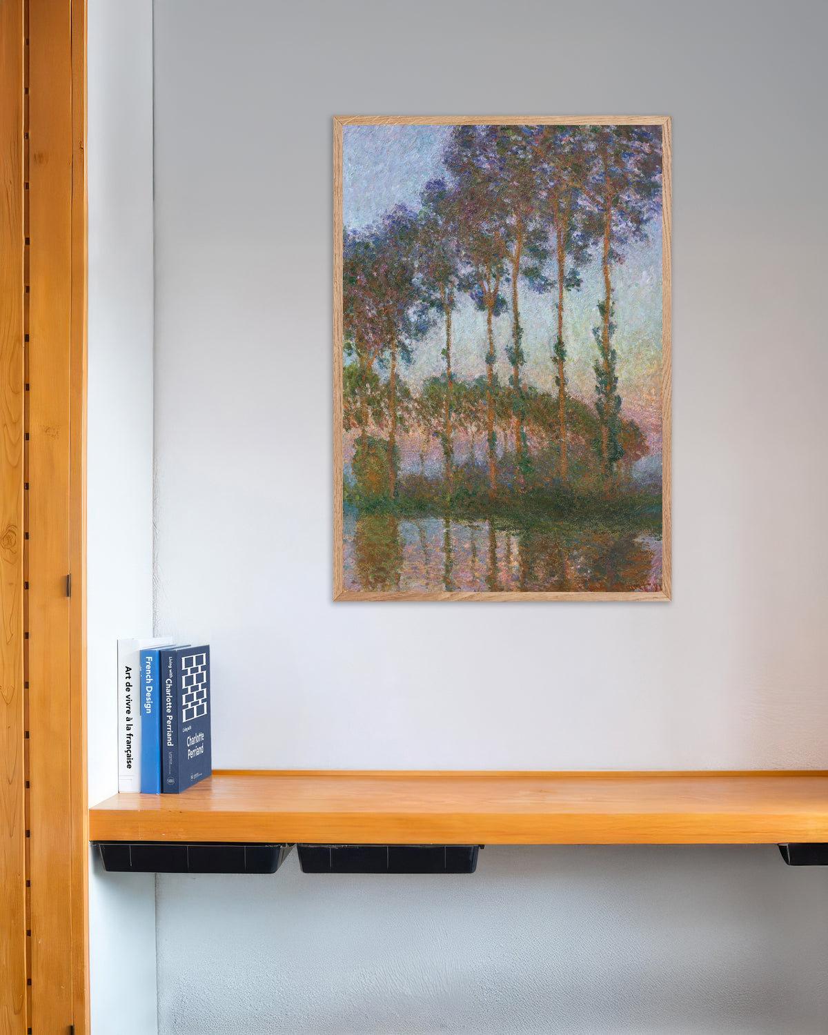 Poster of Poplars on the Banks of the Epte, Twilight (1891) by Claude Monet, with natural wooden frame