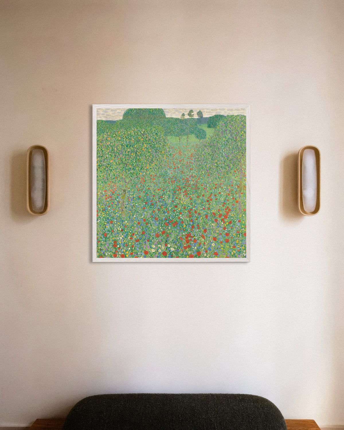 Poster of Poppy Field (1907) by Gustav Klimt, with white wooden frame