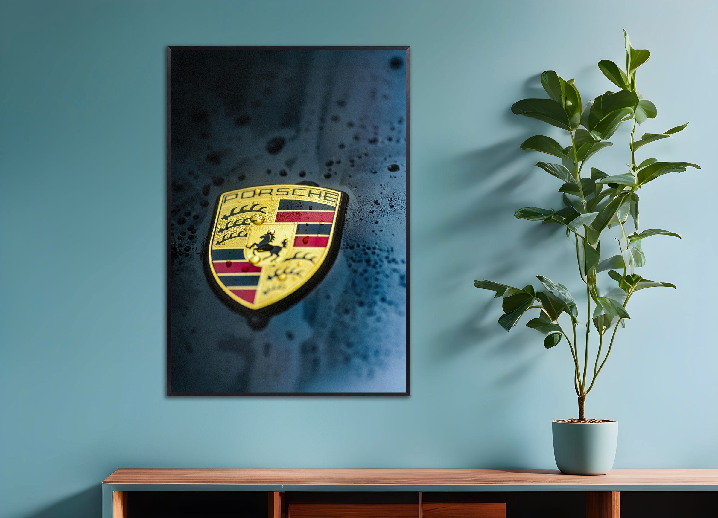 Poster of Porsche logo, with metal frame