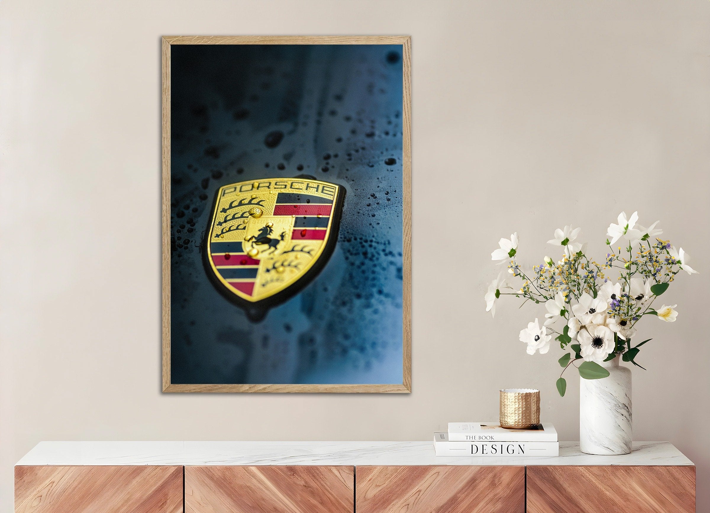 Poster of Porsche logo, with natural wooden frame