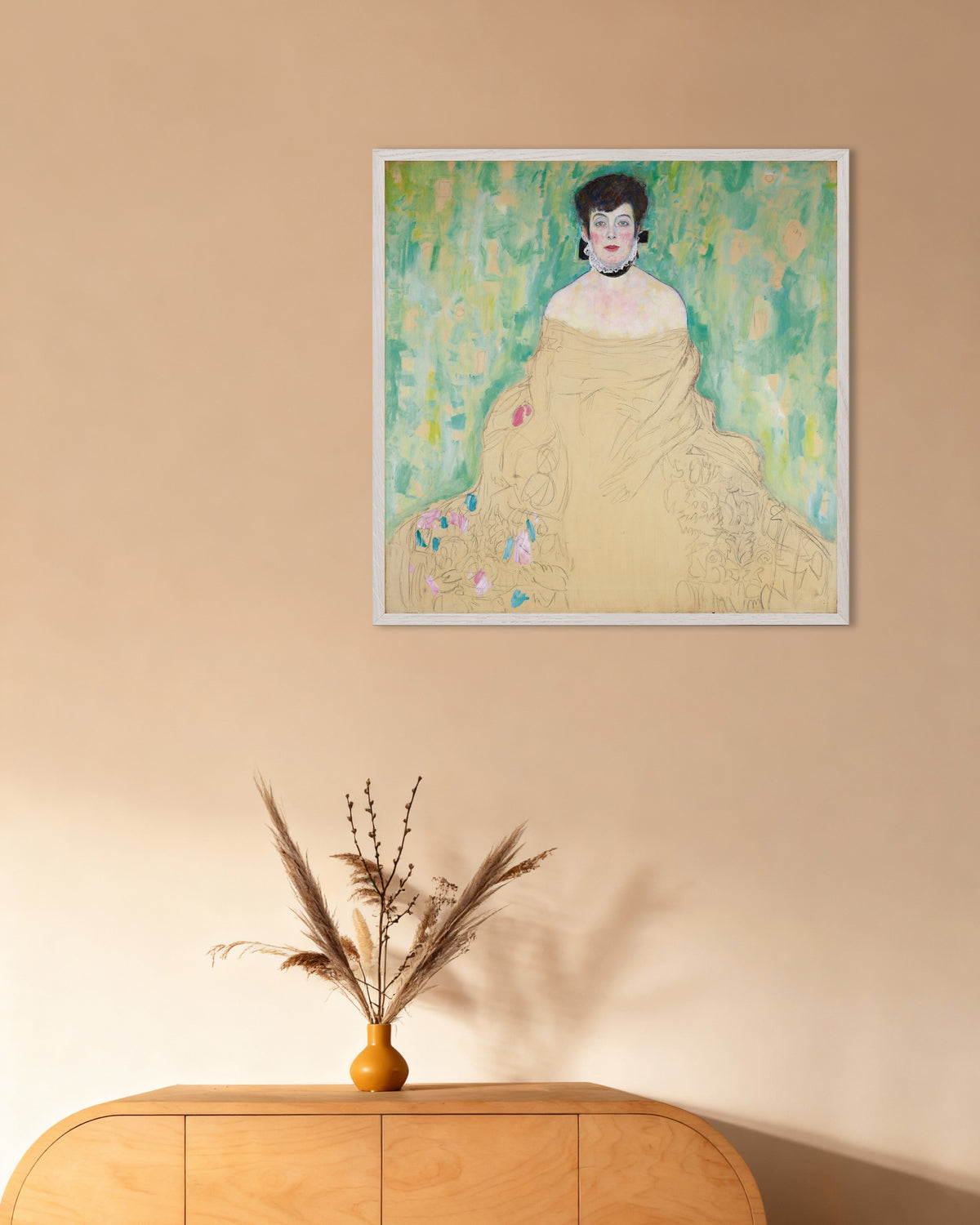 Poster of Portrait of Amalie Zuckerkandl (1917) by Gustav Klimt, with white wooden frame