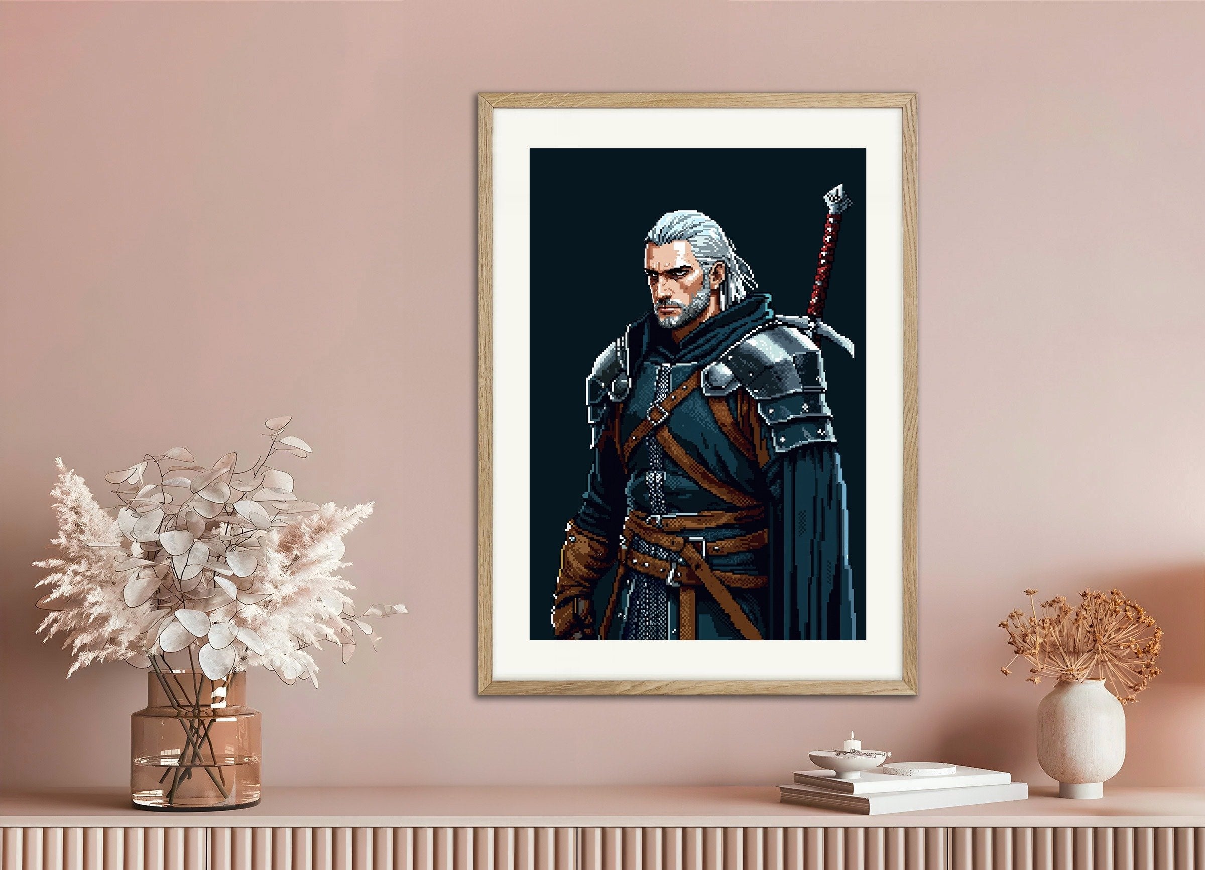 Poster of Poster The Witcher, Pixel Art, with natural wooden frame