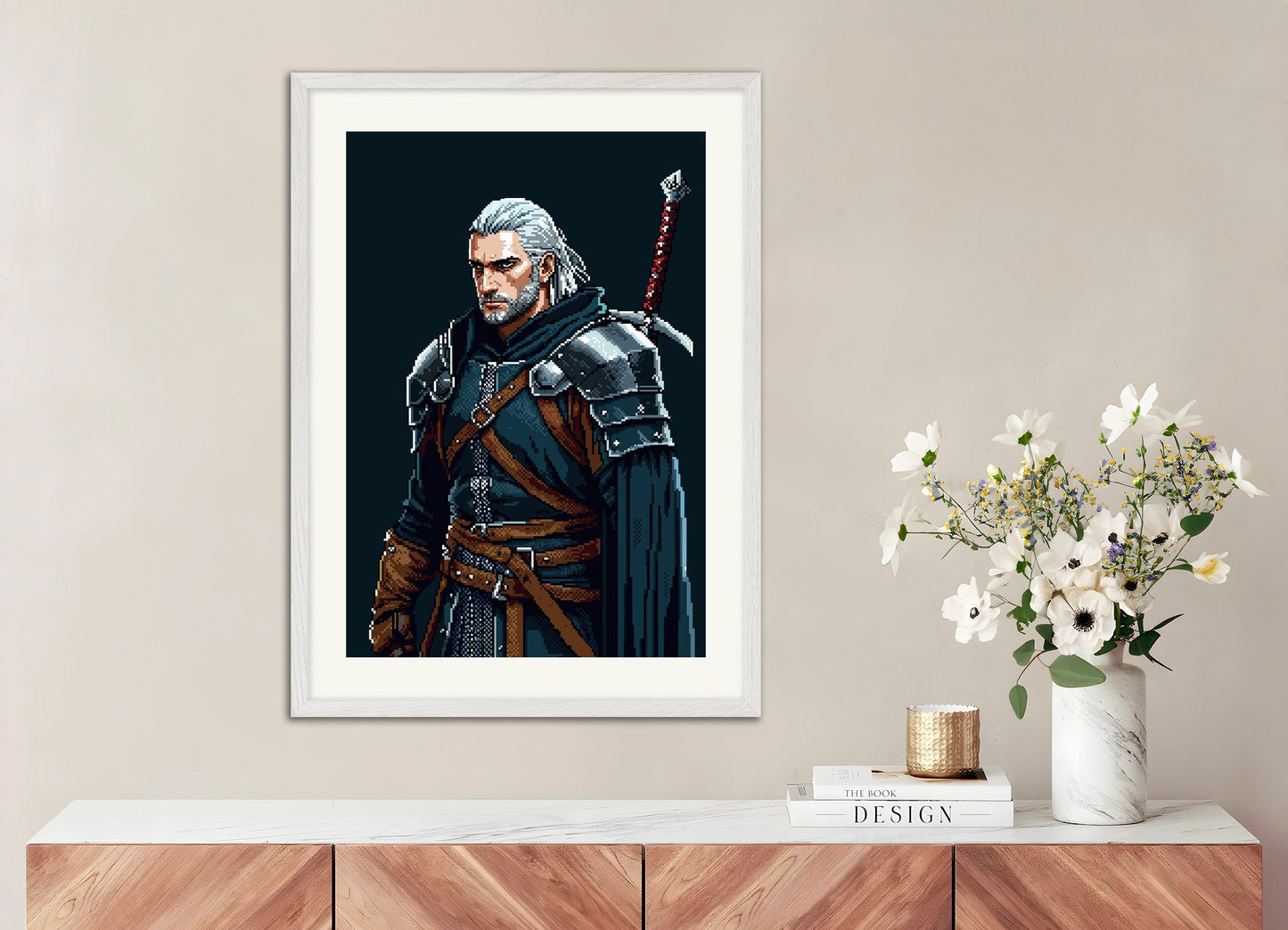 Poster of Poster The Witcher, Pixel Art, with white wooden frame