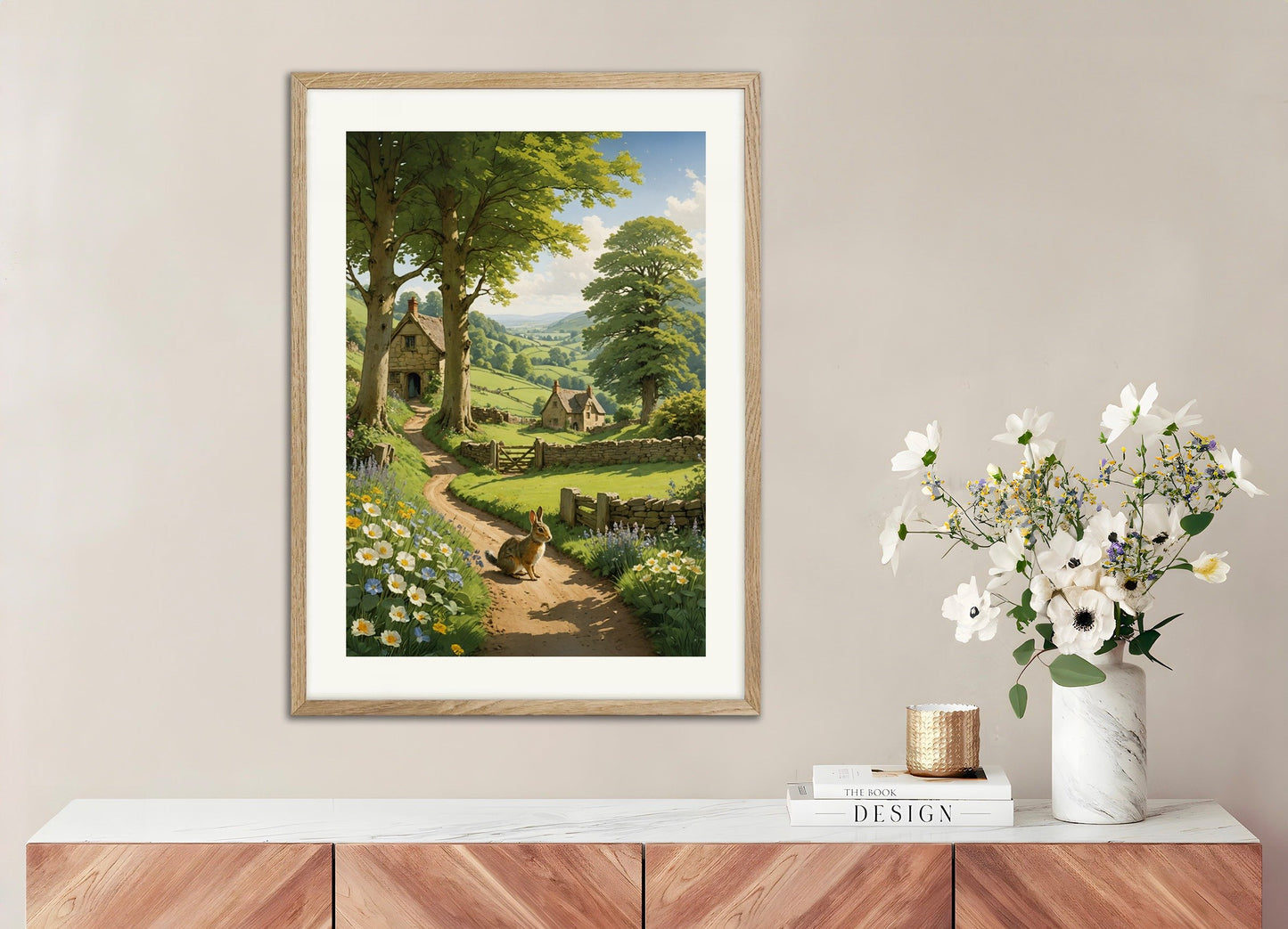 Poster of Rabbit poster, English countryside, with natural wooden frame