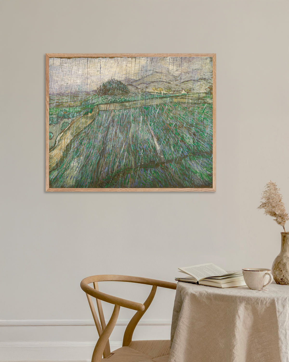 Poster av Regn (1889) av Vincent van Gogh, med ramme i naturlig tre