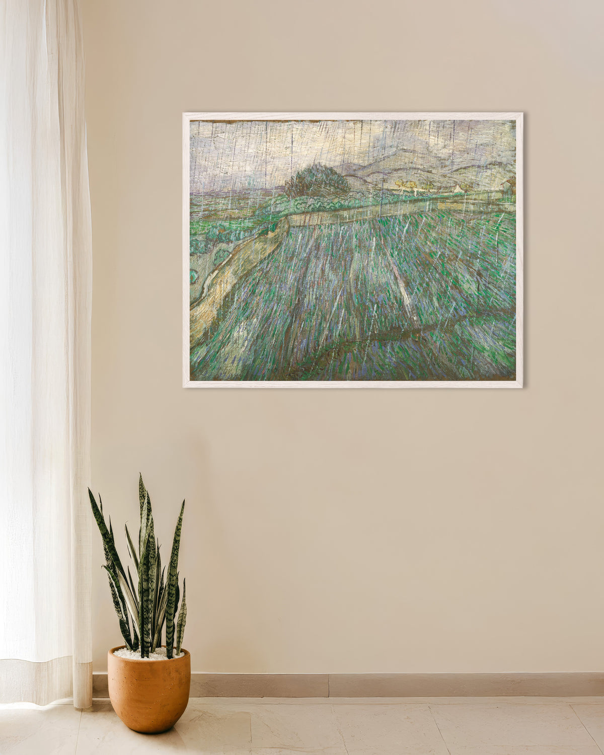 Poster av Regn (1889) av Vincent van Gogh, med hvit treramme