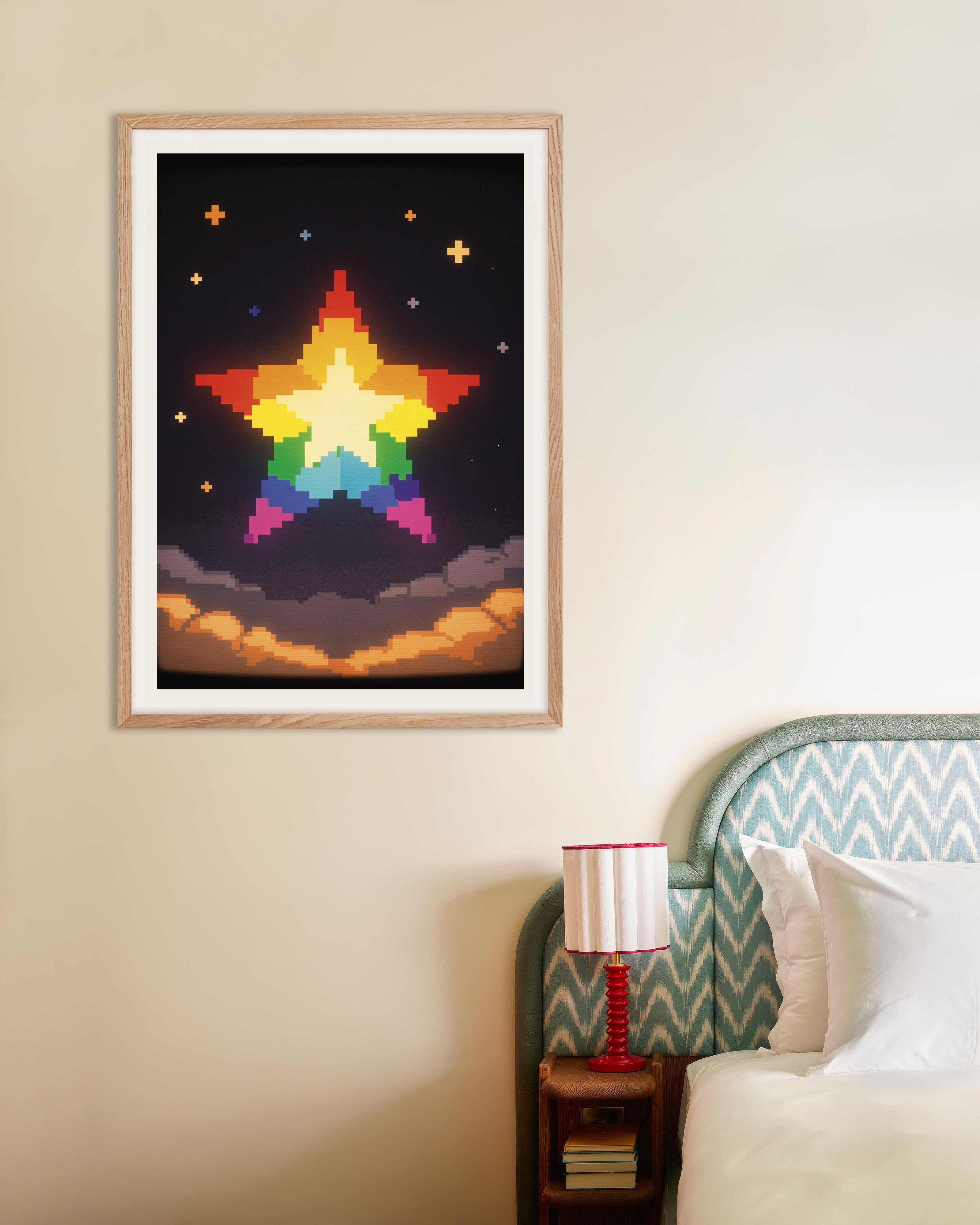 Poster of Rainbow Pixel Star - Lo-Fi Night Sky Poster, with natural wooden frame