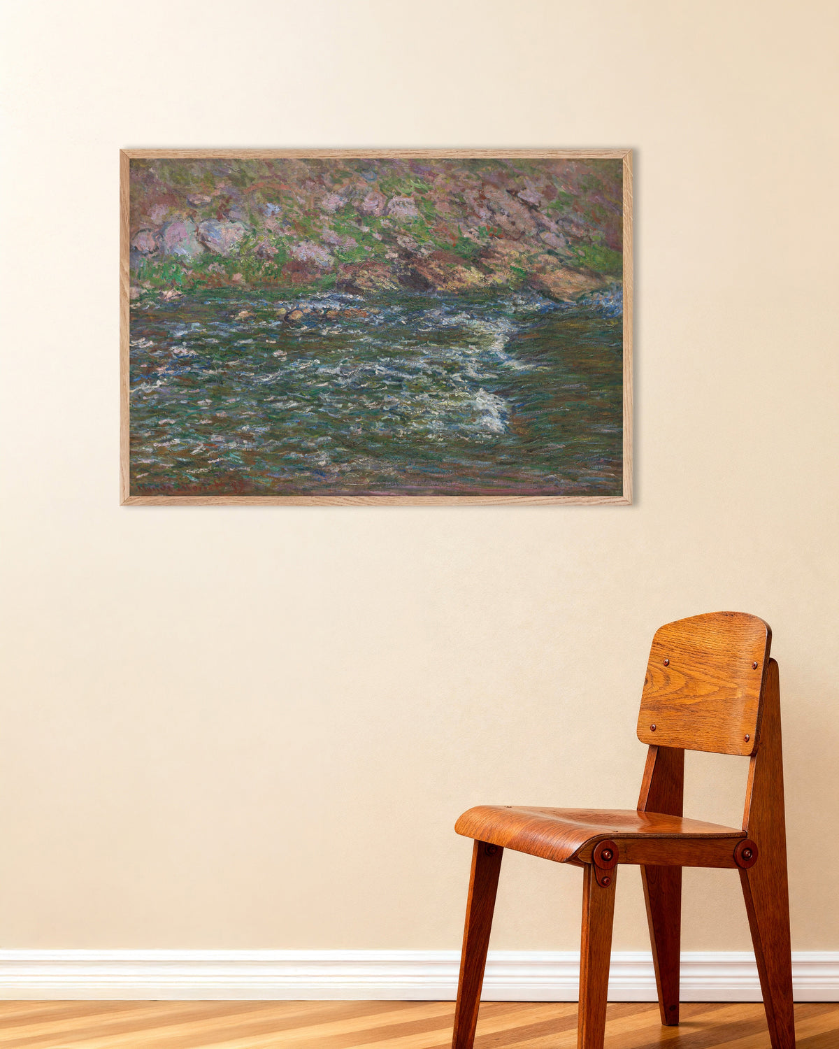 Plakat Stryk i Petite Creuse ved Fresselines (1889) av Claude Monet med ramme i naturtre