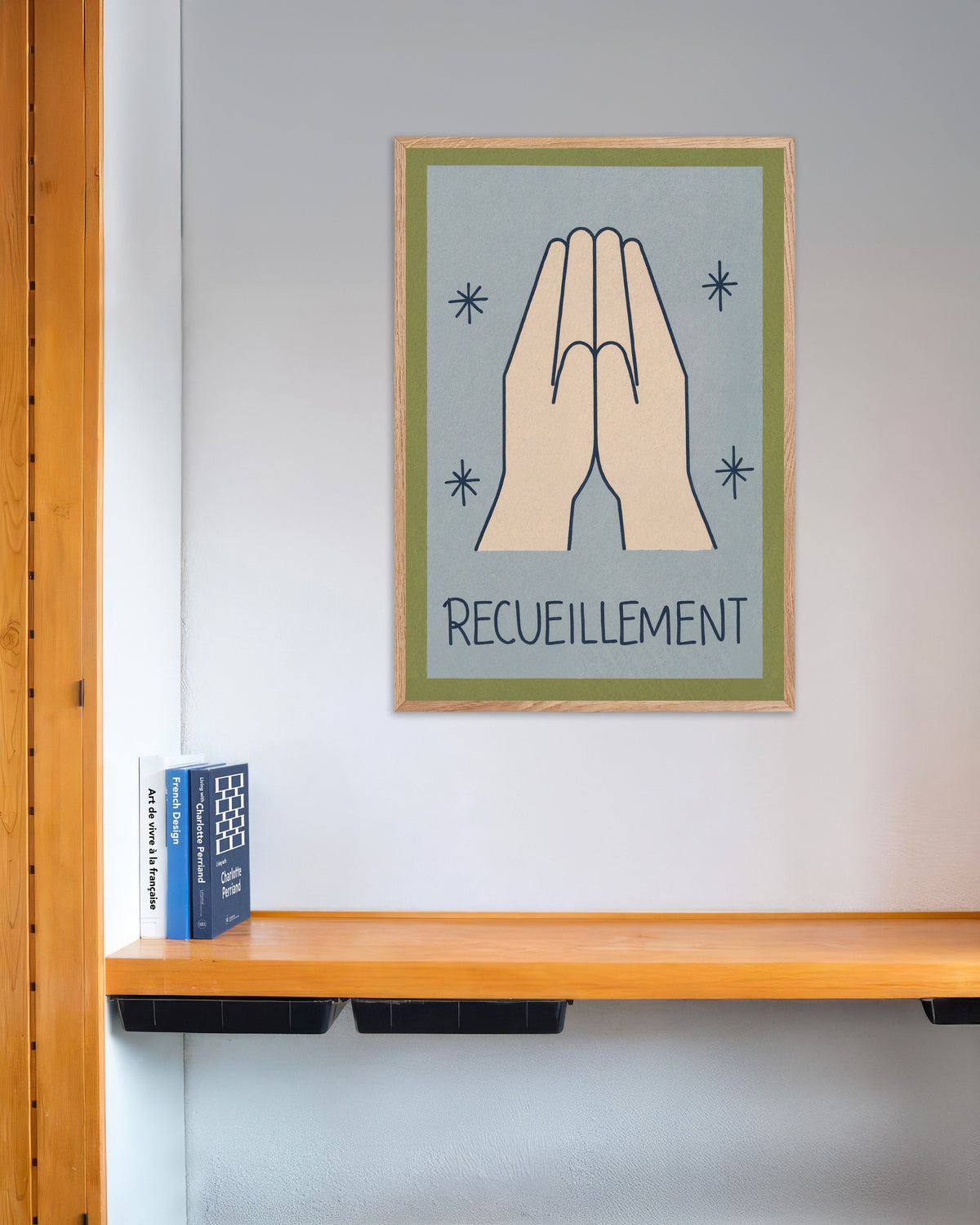 Poster of Recueillement - Minimal Line Art Poster, with natural wooden frame