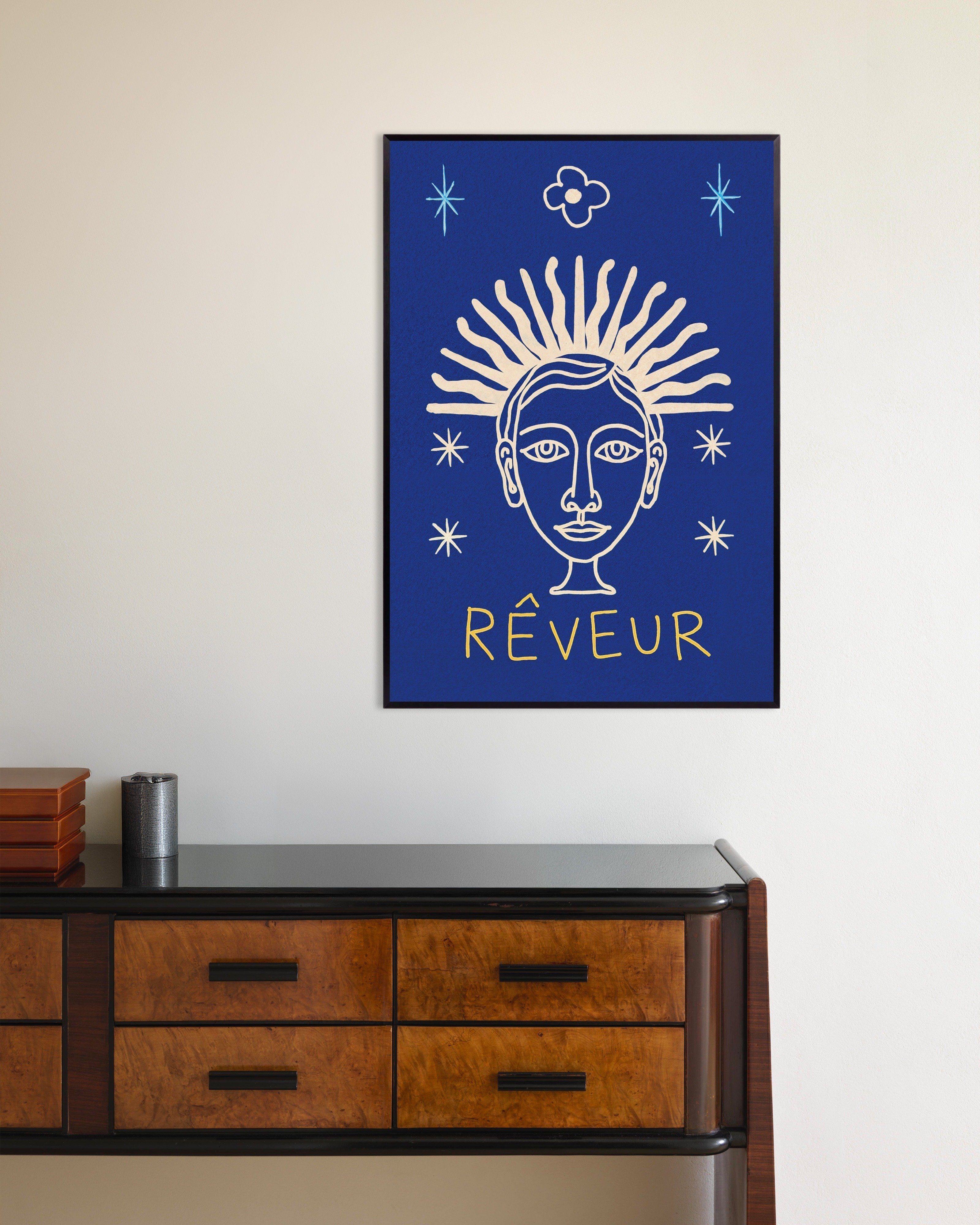 Poster of Rêveur - Sunburst Face on Deep Blue, with metal frame