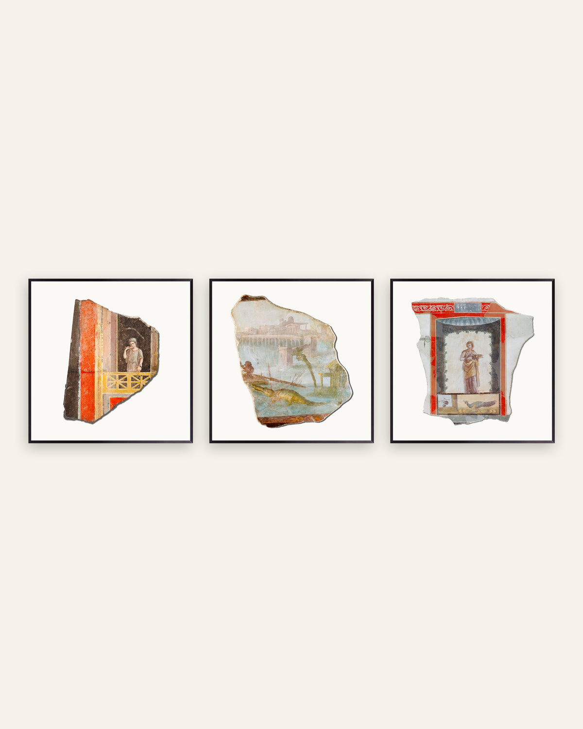 Roman Fresco Fragment Prints Set of 3 – Balcony, Nile & Peacock, prints in black metal frames