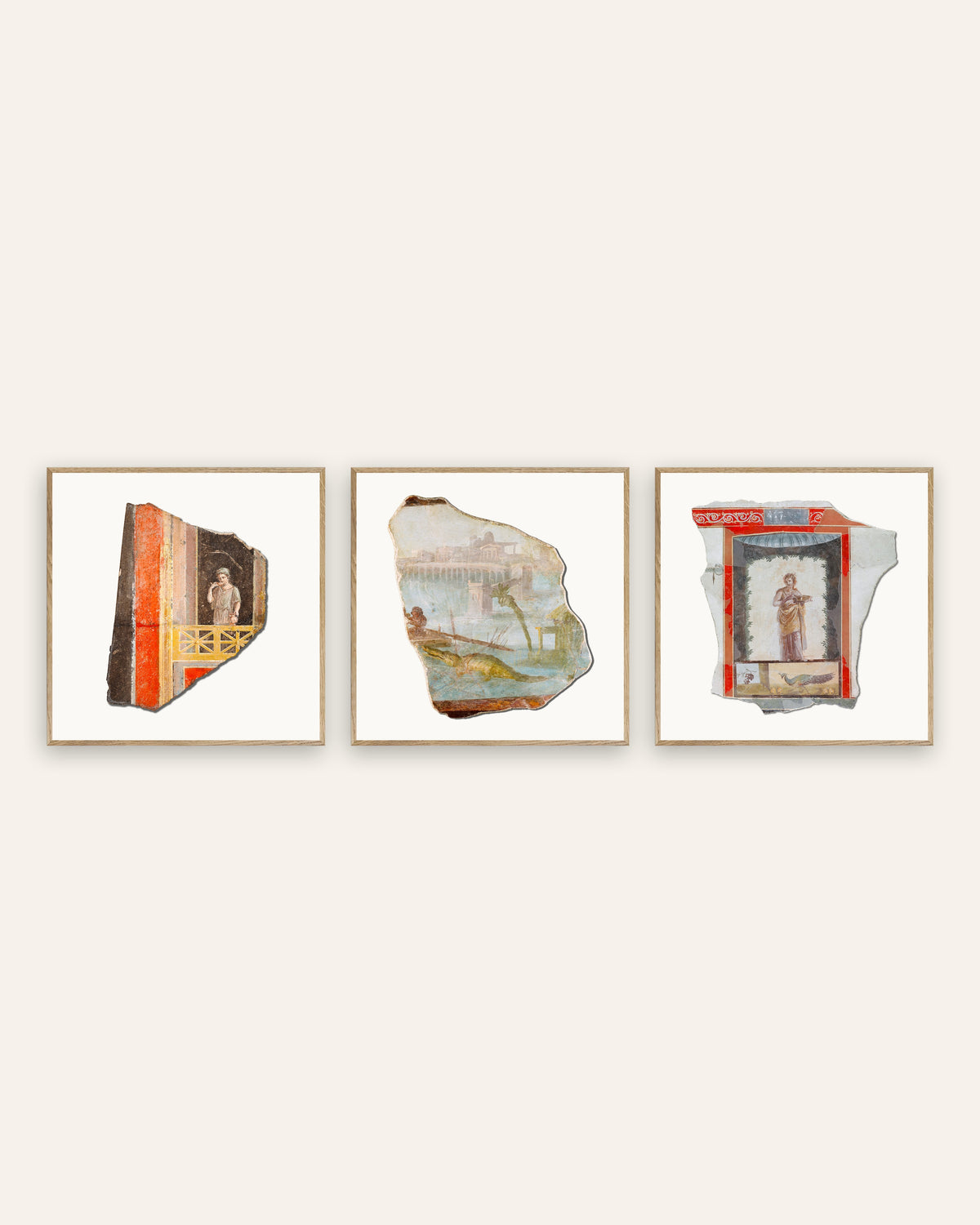 Roman Fresco Fragment Prints Set of 3 – Balcony, Nile & Peacock, prints in natural oak frames