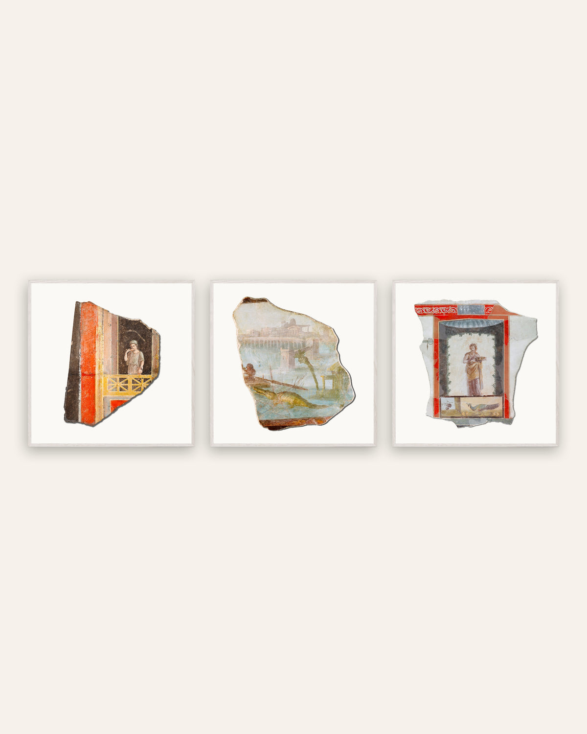 Roman Fresco Fragment Prints Set of 3 – Balcony, Nile & Peacock, prints in white oak frames