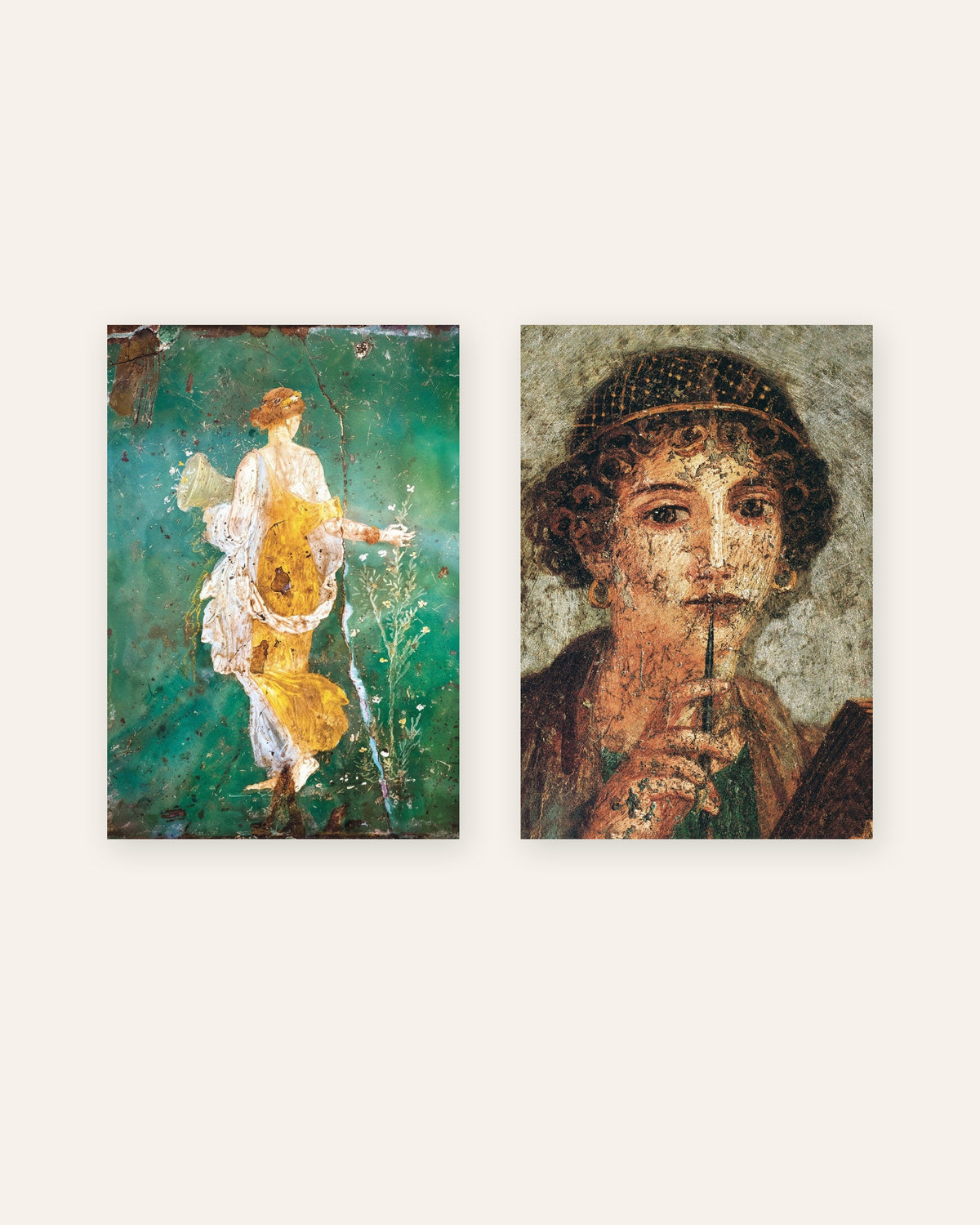 Sett med 2 postere med romerske fresker, Flora og Sappho, uten ramme
