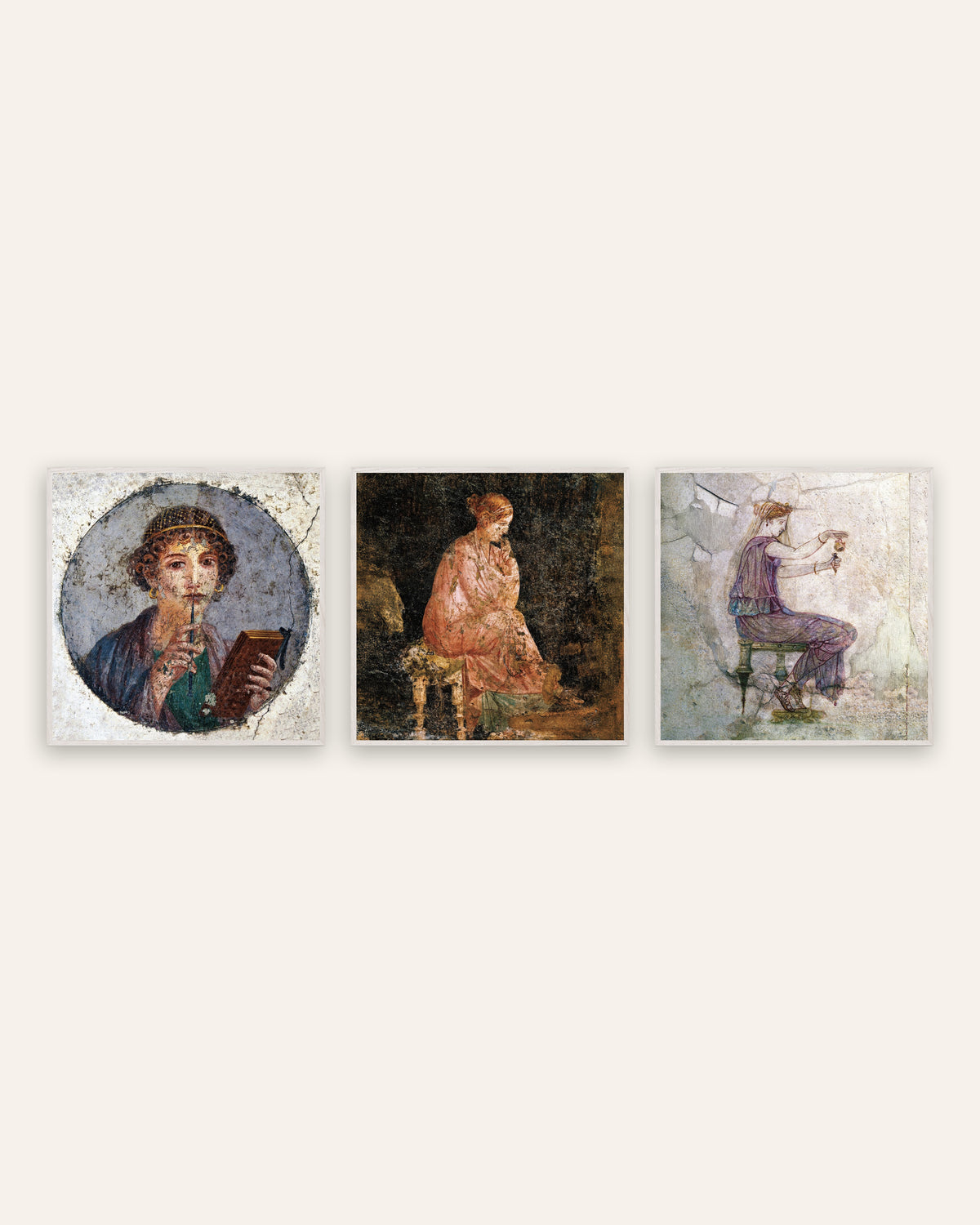 Roman Fresco Prints Set of 3 – Sappho, Seated Woman & Perfume, prints in white oak frames
