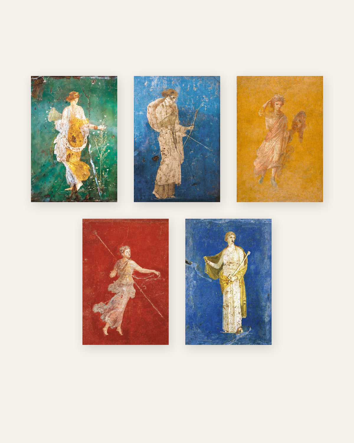 Sett med 5 postere med romerske fresker, Flora, Artemis, Melpomene, Mænade og Medea, uten ramme