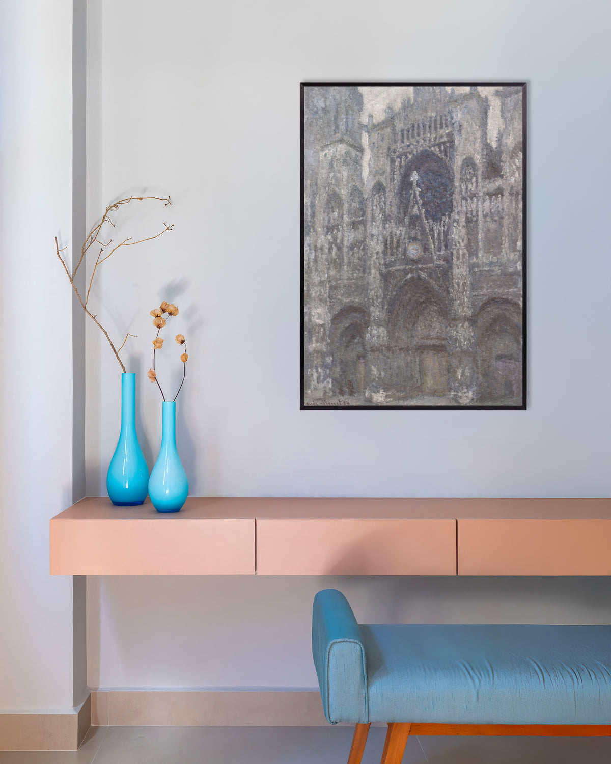 Poster of Rouen Cathedral, the Portal, Gray Weather (1892) by Claude Monet, with metal frame