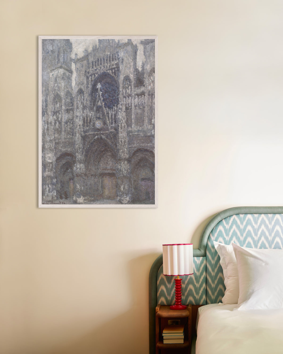 Poster of Rouen Cathedral, the Portal, Gray Weather (1892) by Claude Monet, with white wooden frame