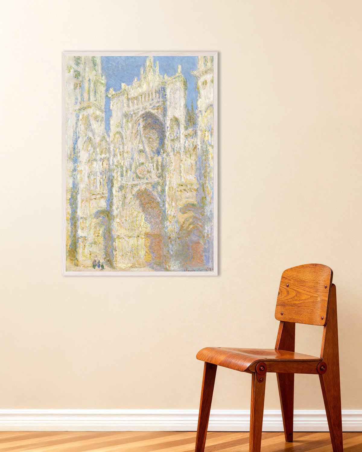 Poster of Rouen Cathedral, West Façade, Sunlight (1894) by Claude Monet, with white wooden frame