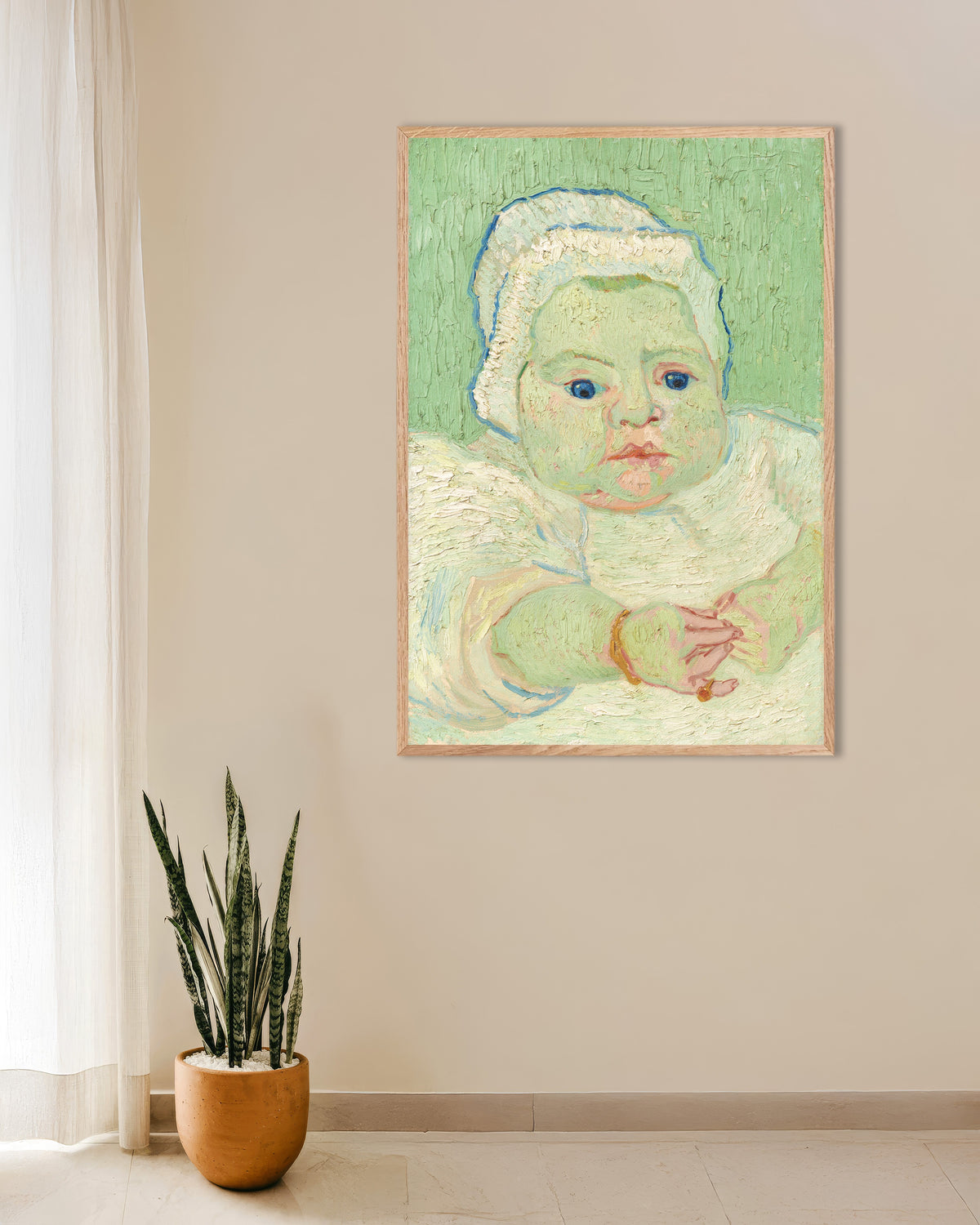 Poster av Roulin-babyen (1888) av Vincent van Gogh, med ramme i naturtre